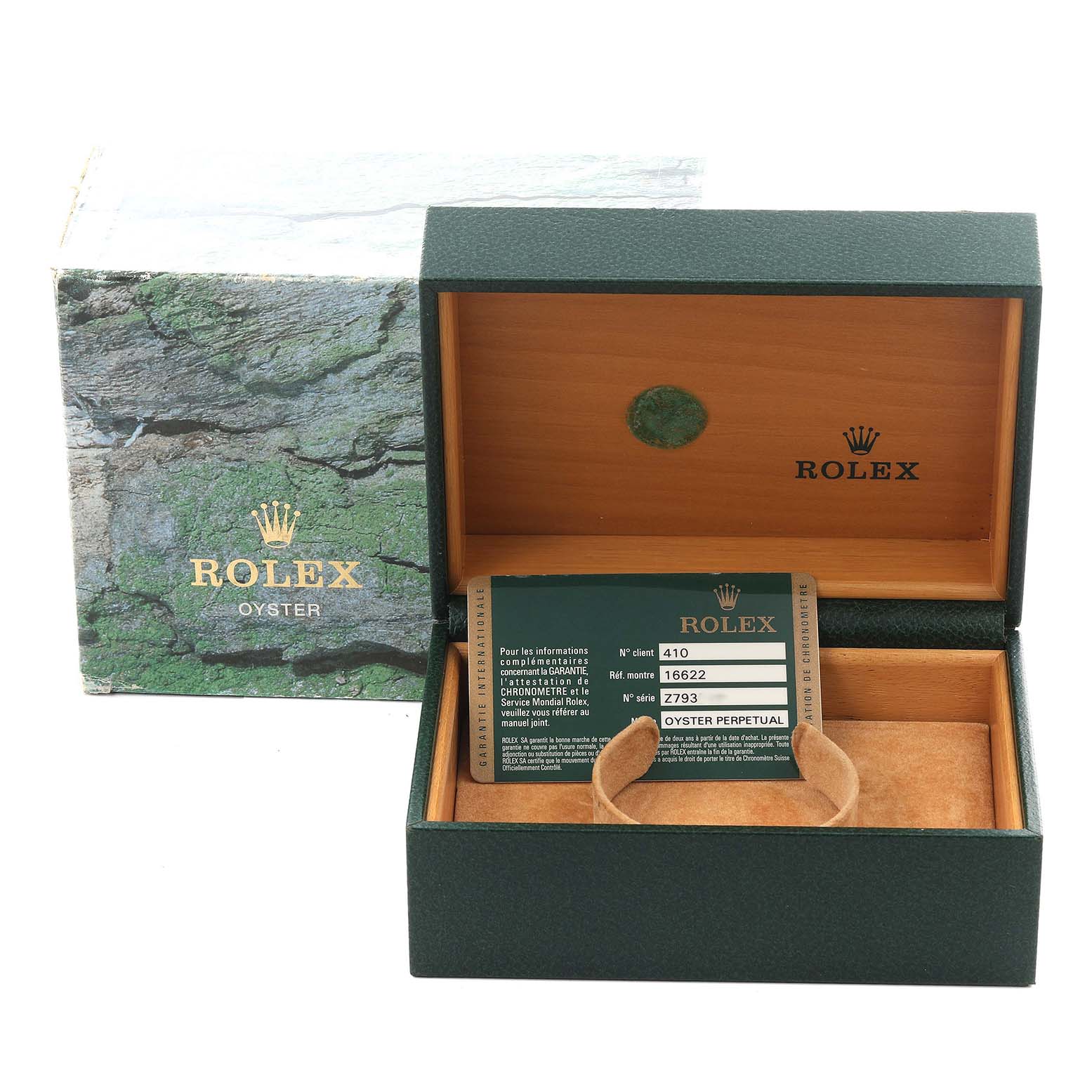 The image shows an open Rolex Yacht-Master 16622 Men's Stainless Steel Silver Dial 16622 Men's Stainless Steel Silver Dial box with an authentication card, showcasing the brand's packaging and documentation.