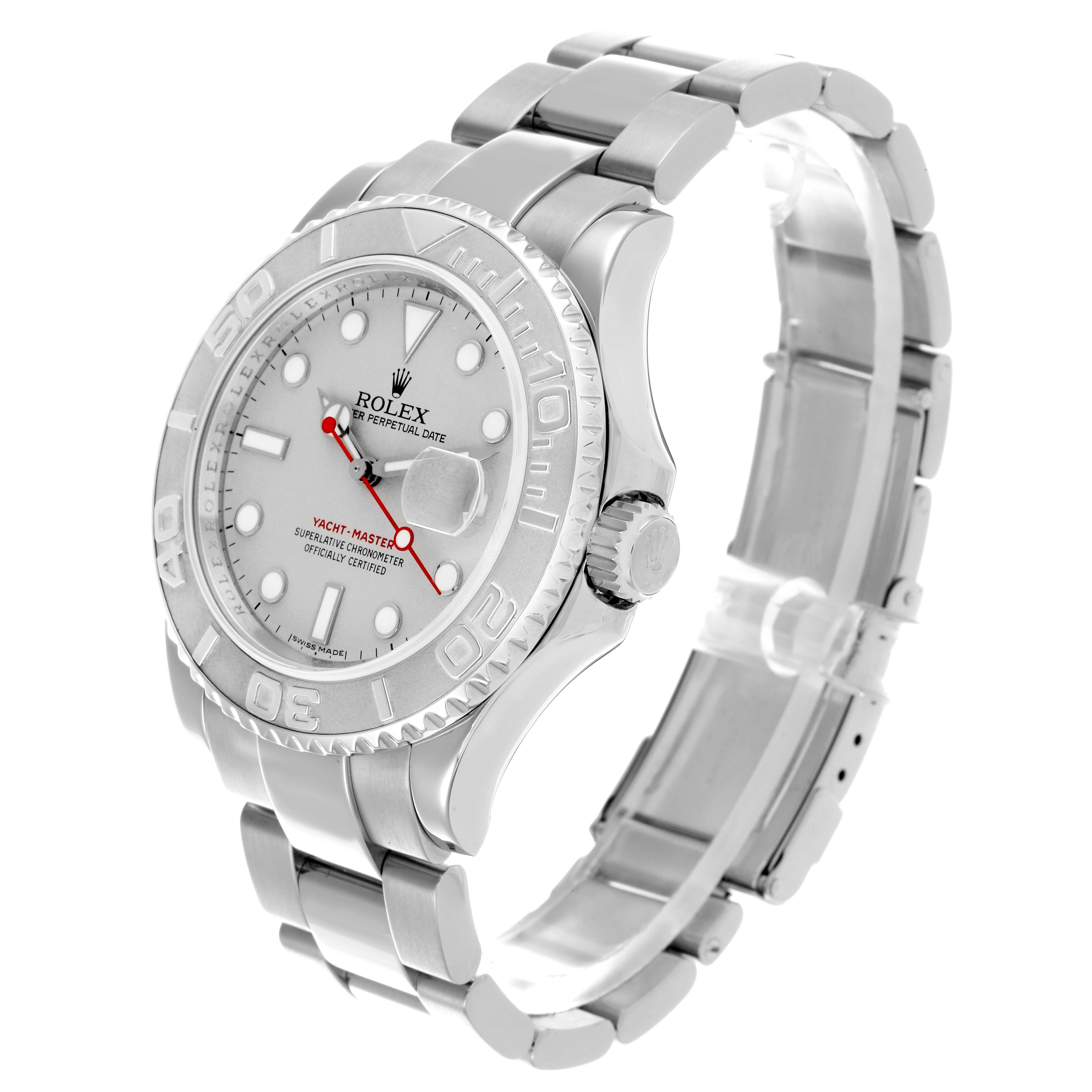 The Rolex Yacht-Master 16622 Men's Stainless Steel Silver Dial 16622 Men's Stainless Steel Silver Dial watch is shown at a three-quarter angle, displaying the face, bezel, crown, and bracelet.