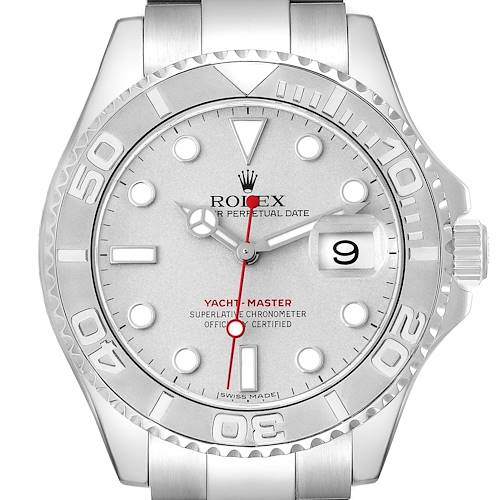 The image shows the face of a Rolex Yacht-Master, displaying the dial, bezel, and crown from a front angle.