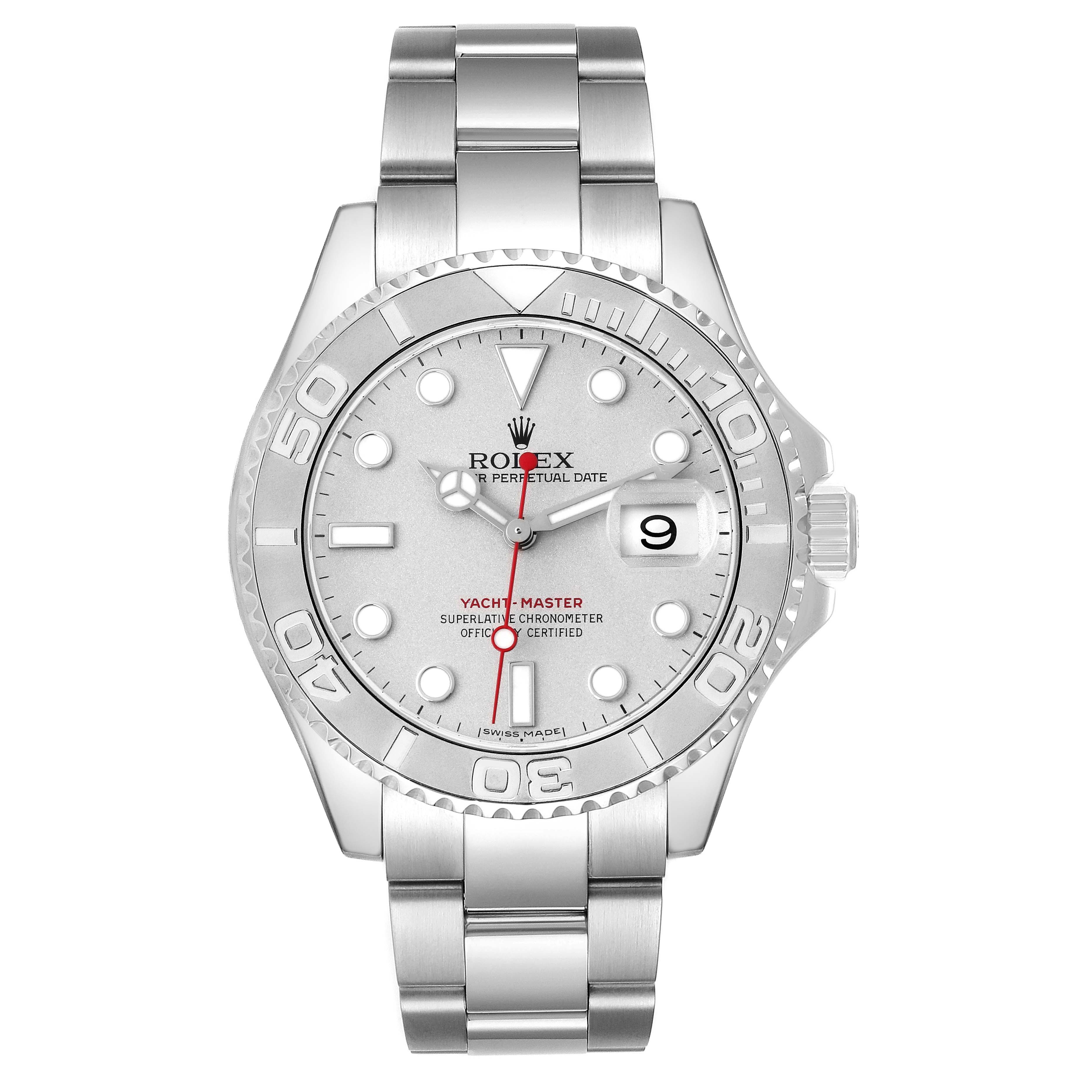 The Rolex Yacht-Master 16622 Men's Stainless Steel Silver Dial 16622 Men's Stainless Steel Silver Dial watch is shown from a front view, displaying the dial, bezel, and bracelet.
