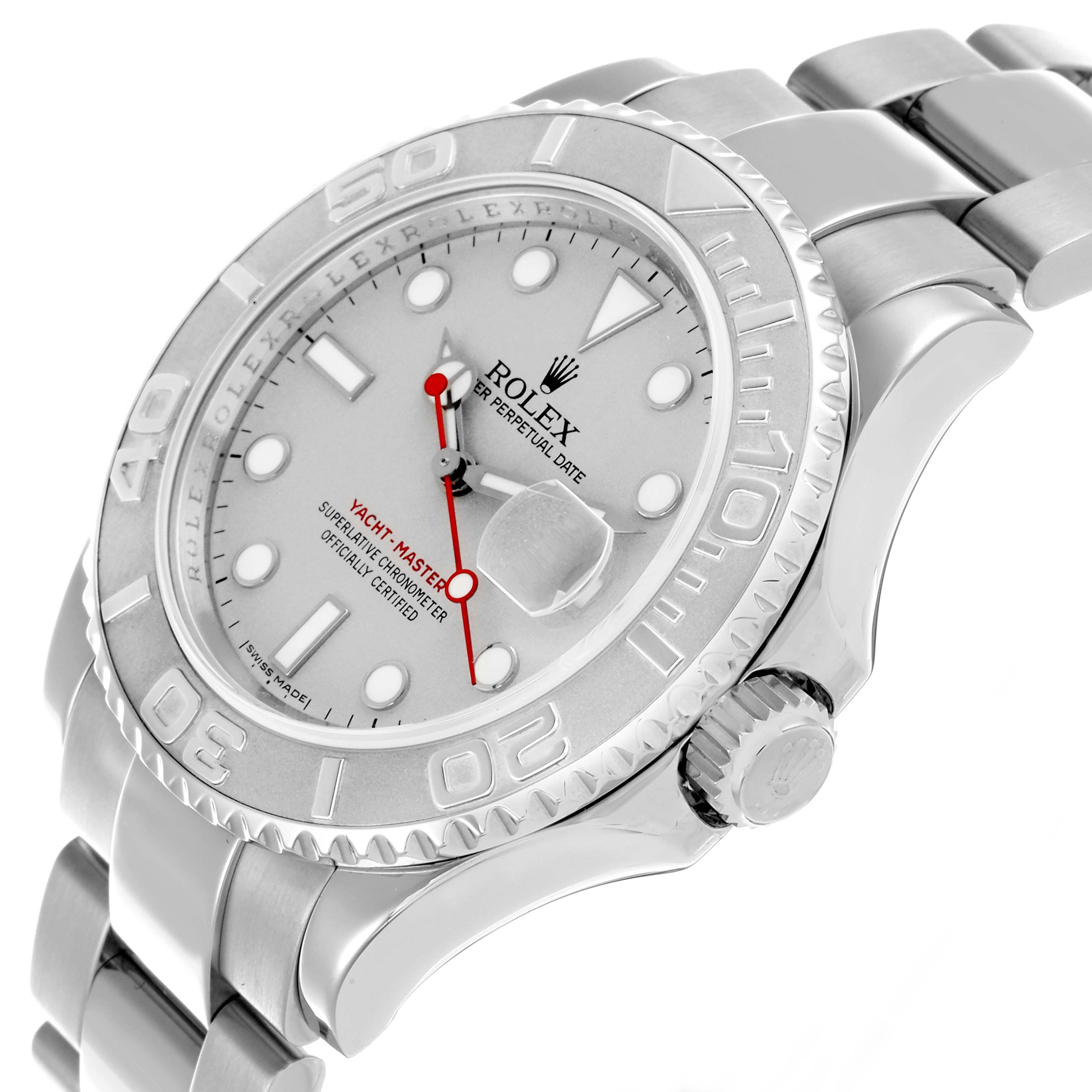 The Rolex Yacht-Master 16622 Men's Stainless Steel Silver Dial 16622 Men's Stainless Steel Silver Dial watch is shown from a slightly angled side view, highlighting the dial, bezel, and bracelet.