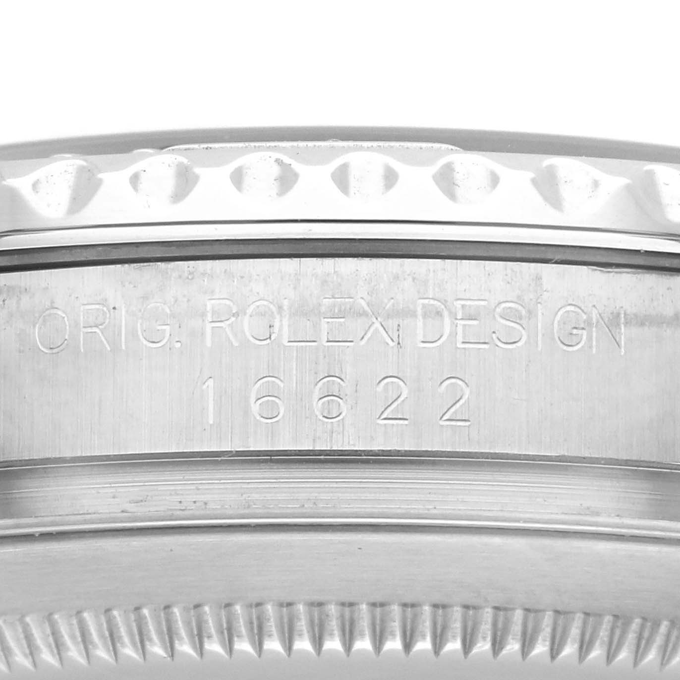 The image shows a close-up of the side of a Rolex Yacht-Master 16622 Men's Stainless Steel Silver Dial 16622 Men's Stainless Steel Silver Dial watch case with model number 16622 engraved.