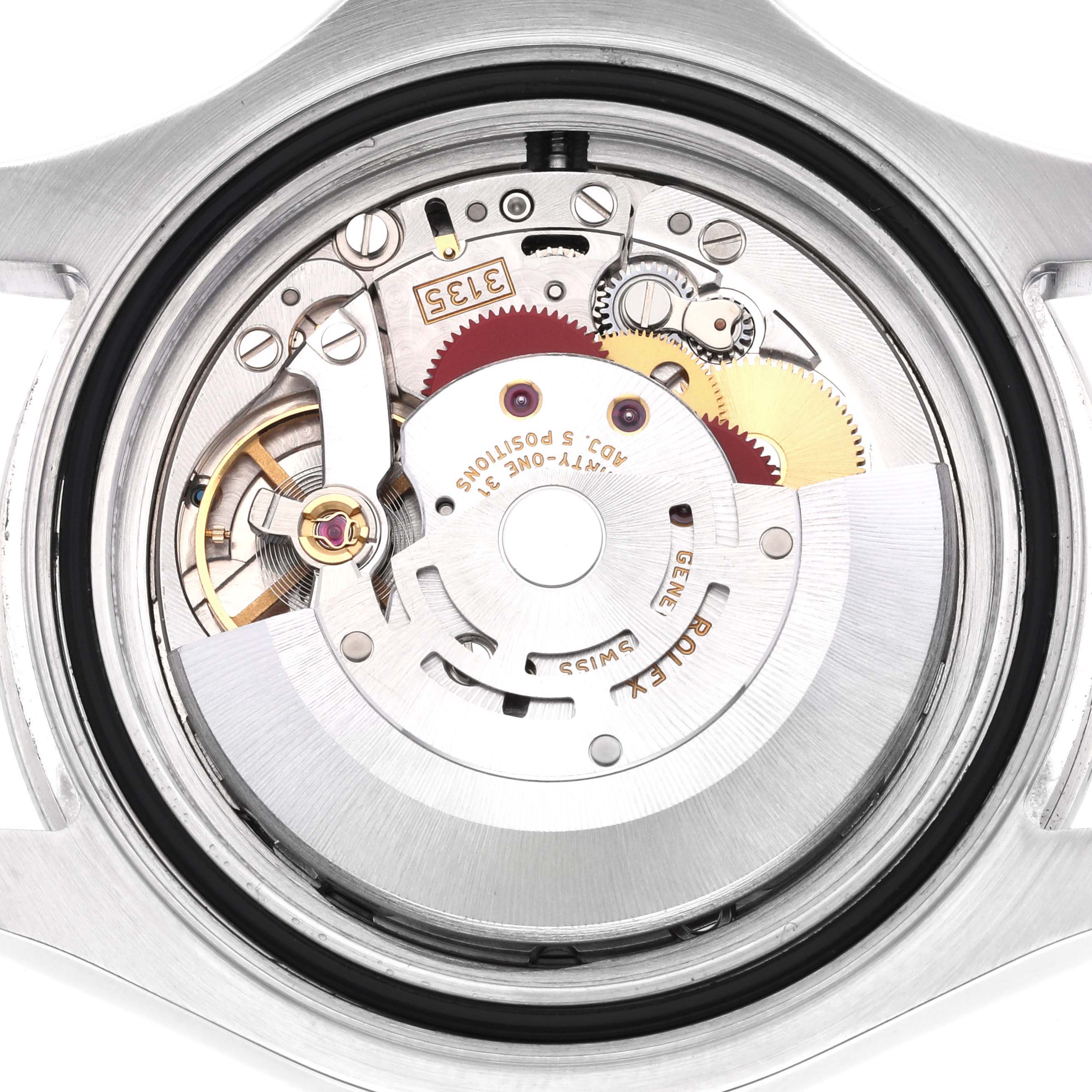 The image shows the movement and internal mechanics of the Rolex Yacht-Master 16622 Men's Stainless Steel Silver Dial 16622 Men's Stainless Steel Silver Dial watch from a back view angle.