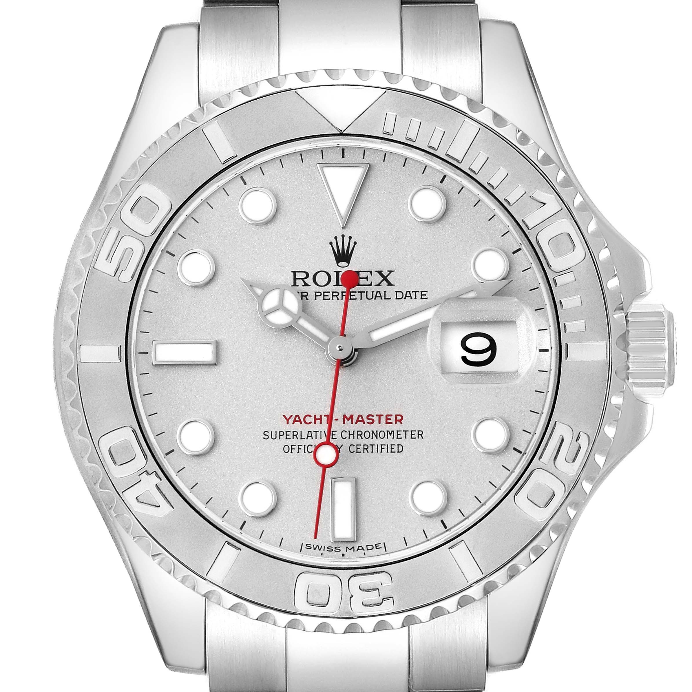 The Rolex Yacht-Master 16622 Men's Stainless Steel Silver Dial 16622 Men's Stainless Steel Silver Dial watch is shown from the front, displaying its dial, bezel, and part of the bracelet.