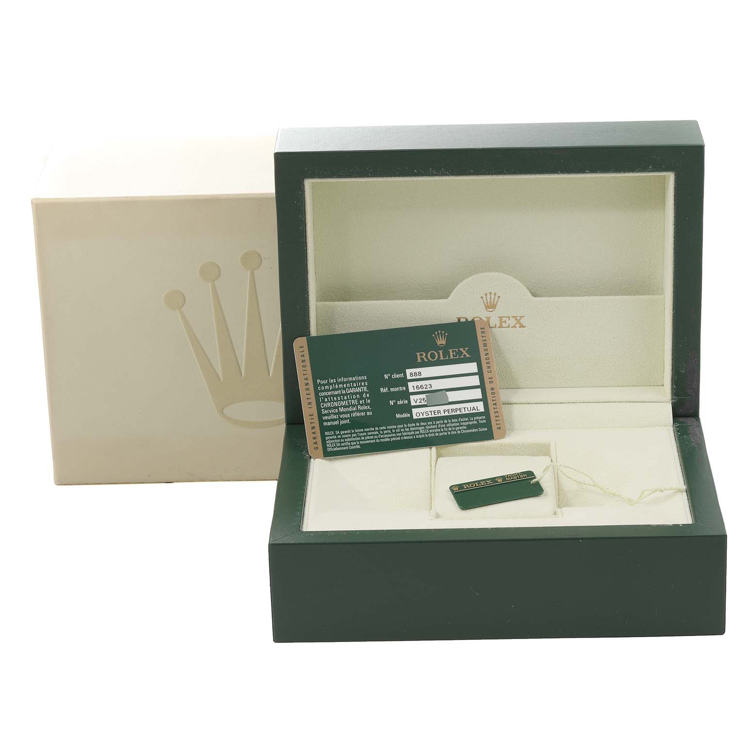 The image shows the open case, tags, and warranty card of a Rolex Yacht-Master 16623 Men
s Steel and Gold (two tone) Grey Dial 16623 Men
s Steel and Gold (two tone) Grey Dial watch.