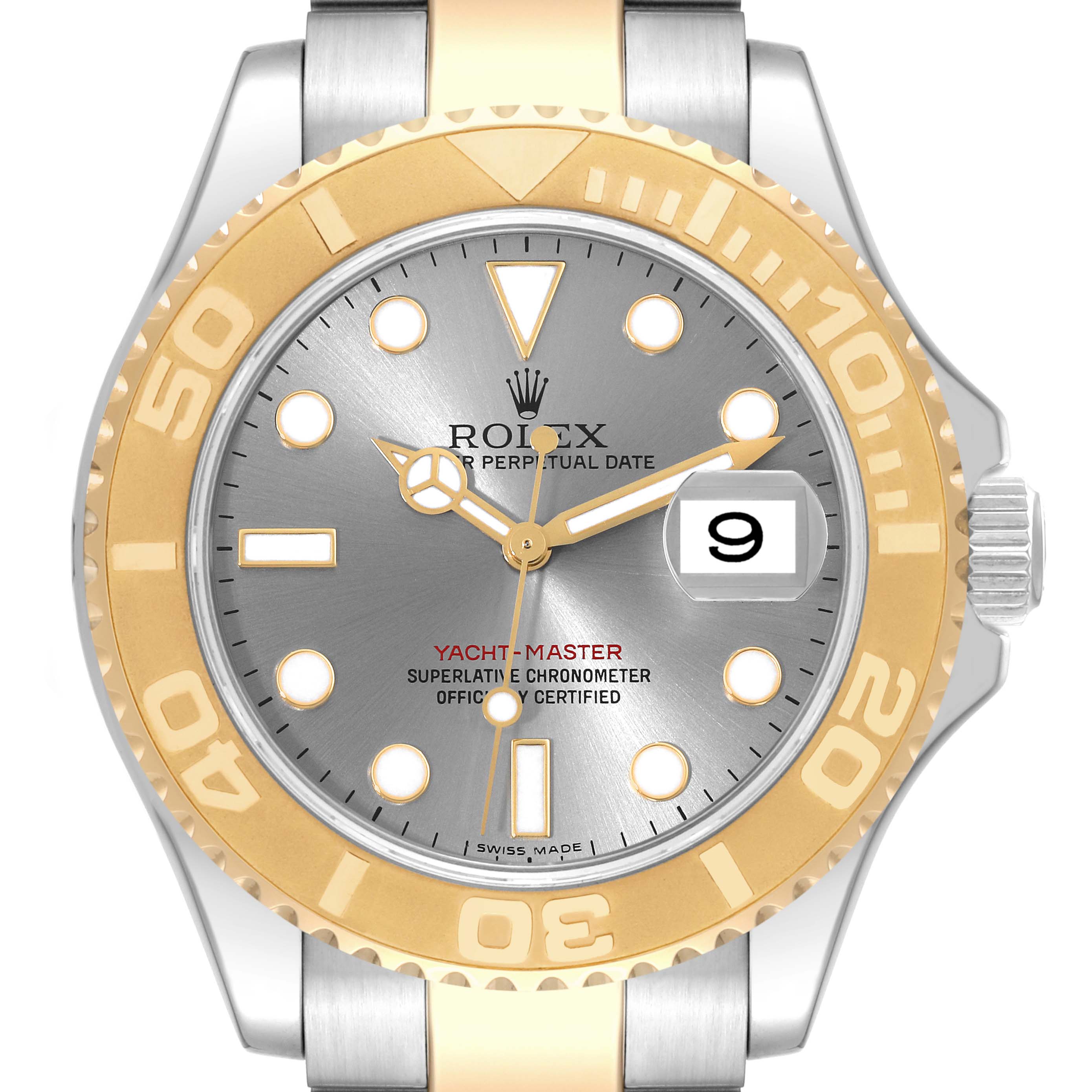 The image shows a front view of a Rolex Yacht-Master 16623 Men
s Steel and Gold (two tone) Grey Dial 16623 Men
s Steel and Gold (two tone) Grey Dial watch with a gold bezel and silver dial.