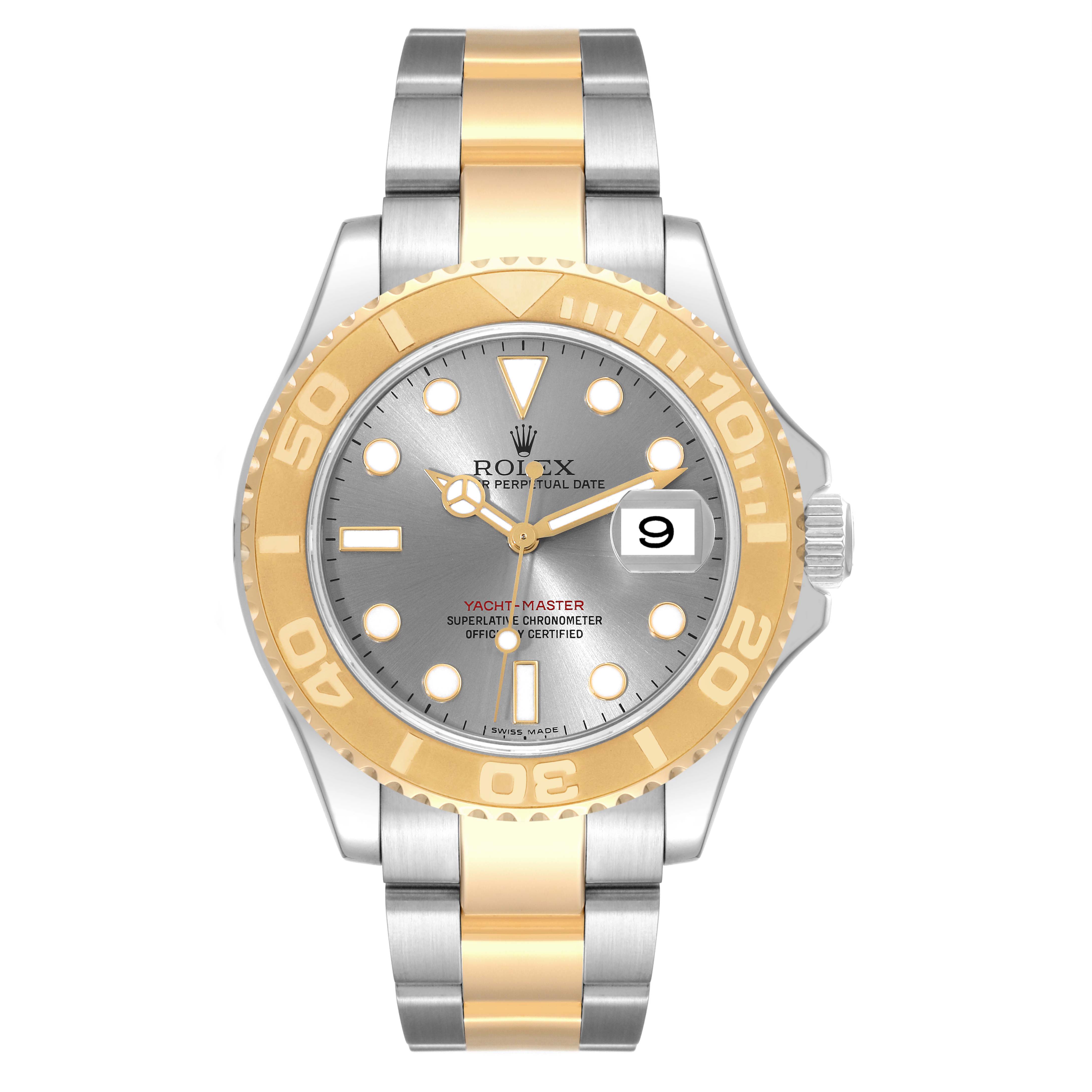 This image shows a front view of a Rolex Yacht-Master 16623 Men
s Steel and Gold (two tone) Grey Dial 16623 Men
s Steel and Gold (two tone) Grey Dial watch, displaying the face, bezel, and bracelet in detail.