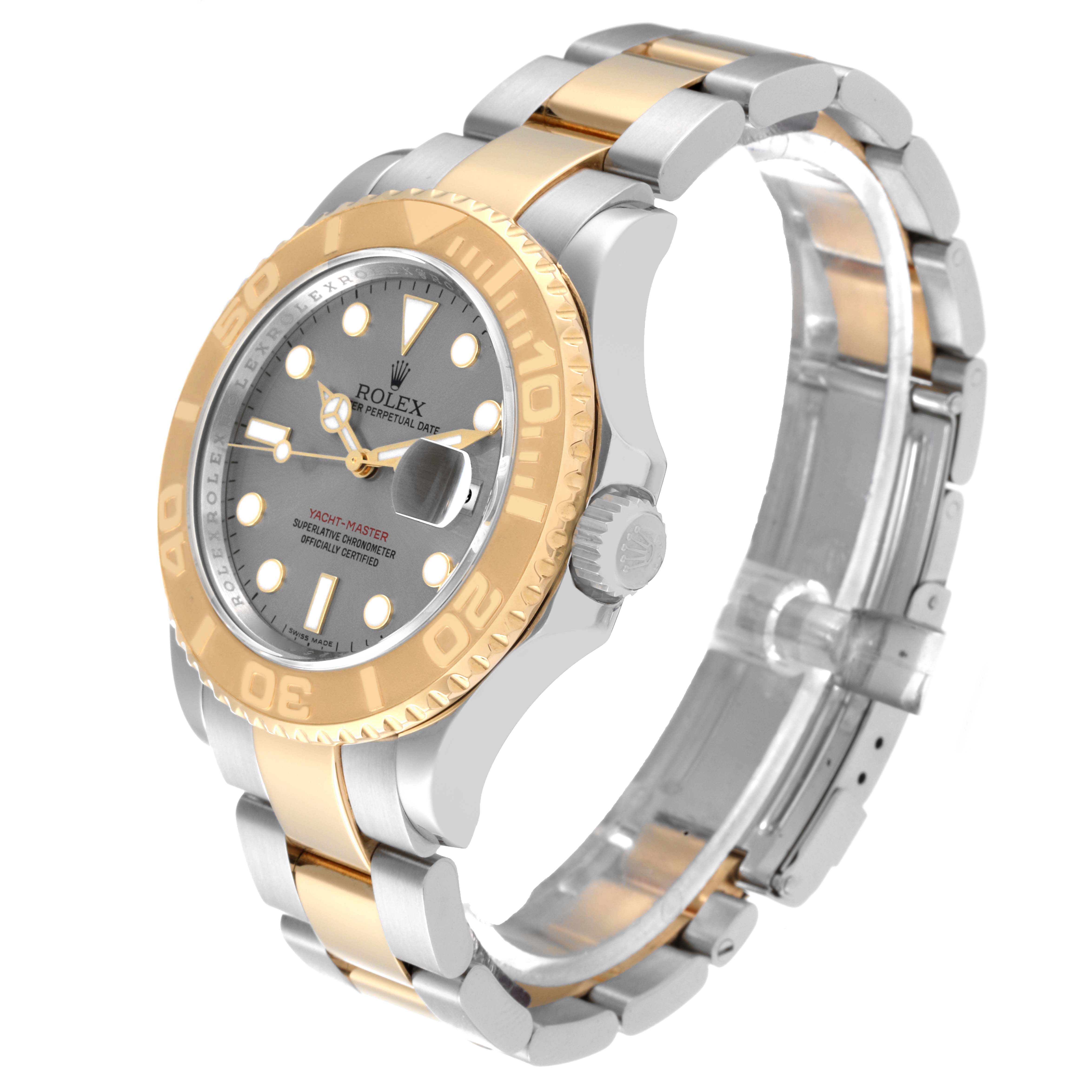 The image shows a side angle of the Rolex Yacht-Master 16623 Men
s Steel and Gold (two tone) Grey Dial 16623 Men
s Steel and Gold (two tone) Grey Dial watch, highlighting the bracelet, bezel, dial, and crown.