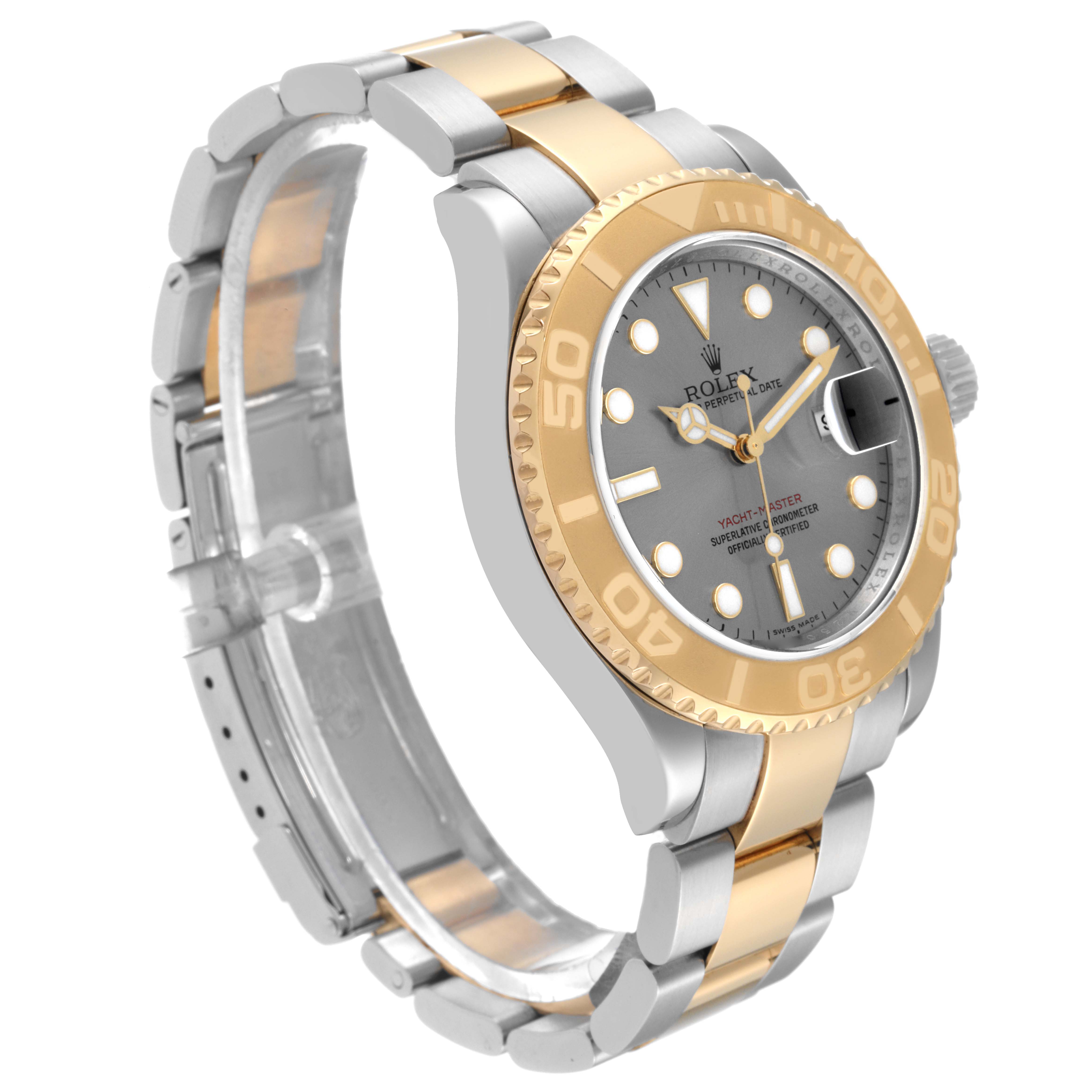 This image shows a Rolex Yacht-Master 16623 Men
s Steel and Gold (two tone) Grey Dial 16623 Men
s Steel and Gold (two tone) Grey Dial watch angled to display its two-tone bezel, dial, and bracelet.