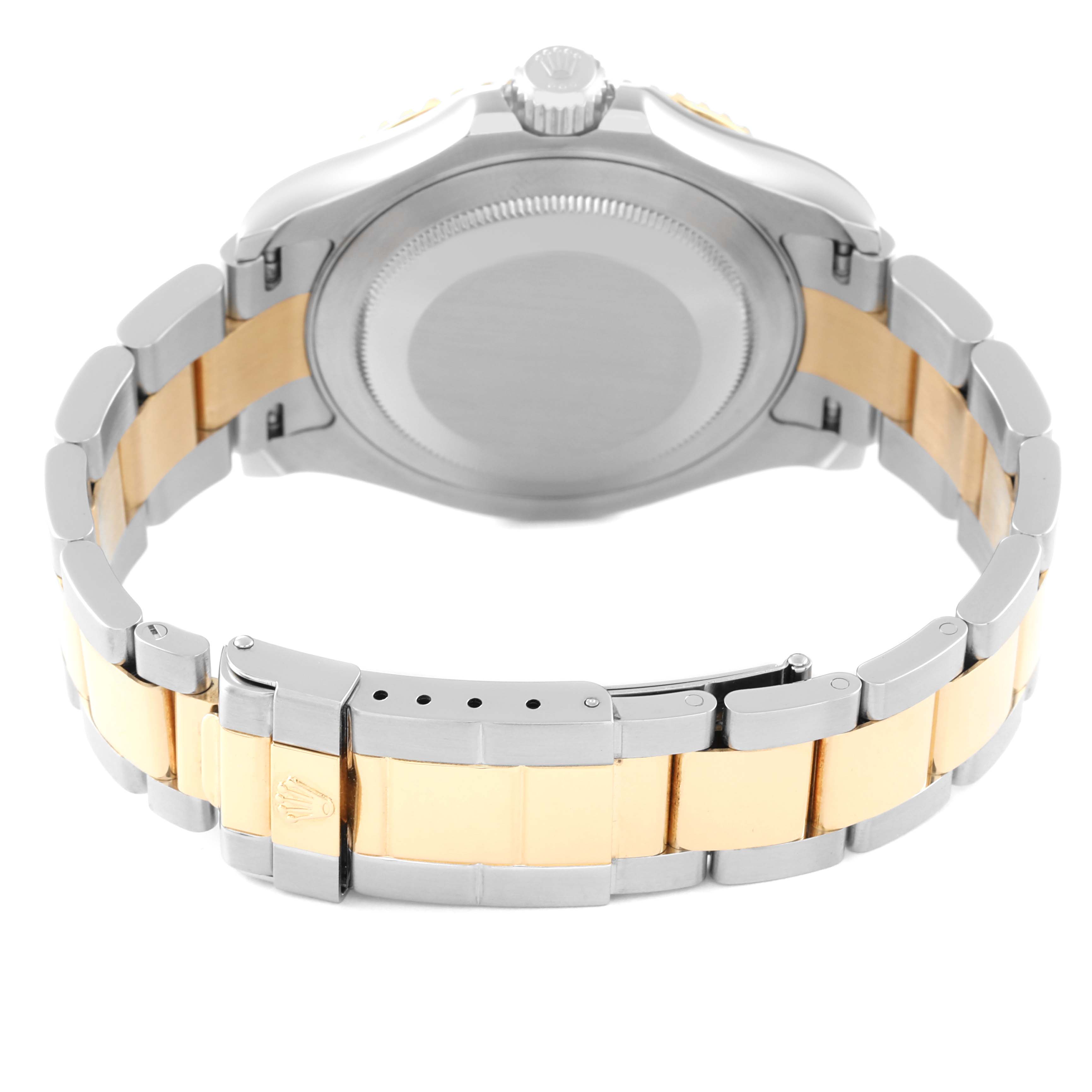 The image shows the back case and bracelet of a Rolex Yacht-Master 16623 Men
s Steel and Gold (two tone) Grey Dial 16623 Men
s Steel and Gold (two tone) Grey Dial watch, featuring a two-tone metal design.