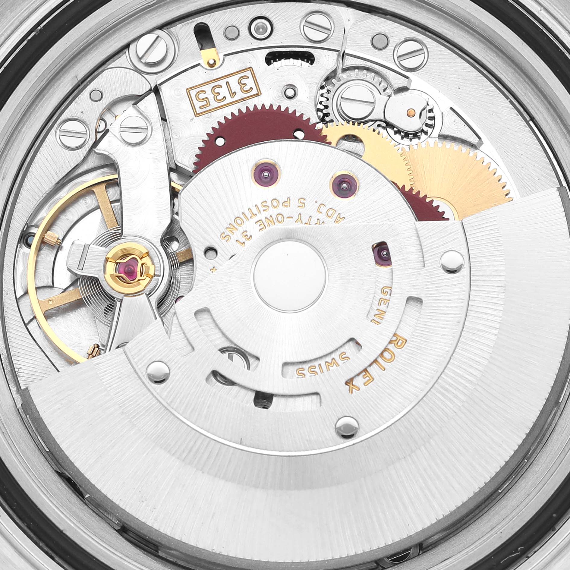 This close-up image shows the intricate movement and inner mechanical components of a Rolex Yacht-Master 16623 Men
s Steel and Gold (two tone) Grey Dial 16623 Men
s Steel and Gold (two tone) Grey Dial watch.