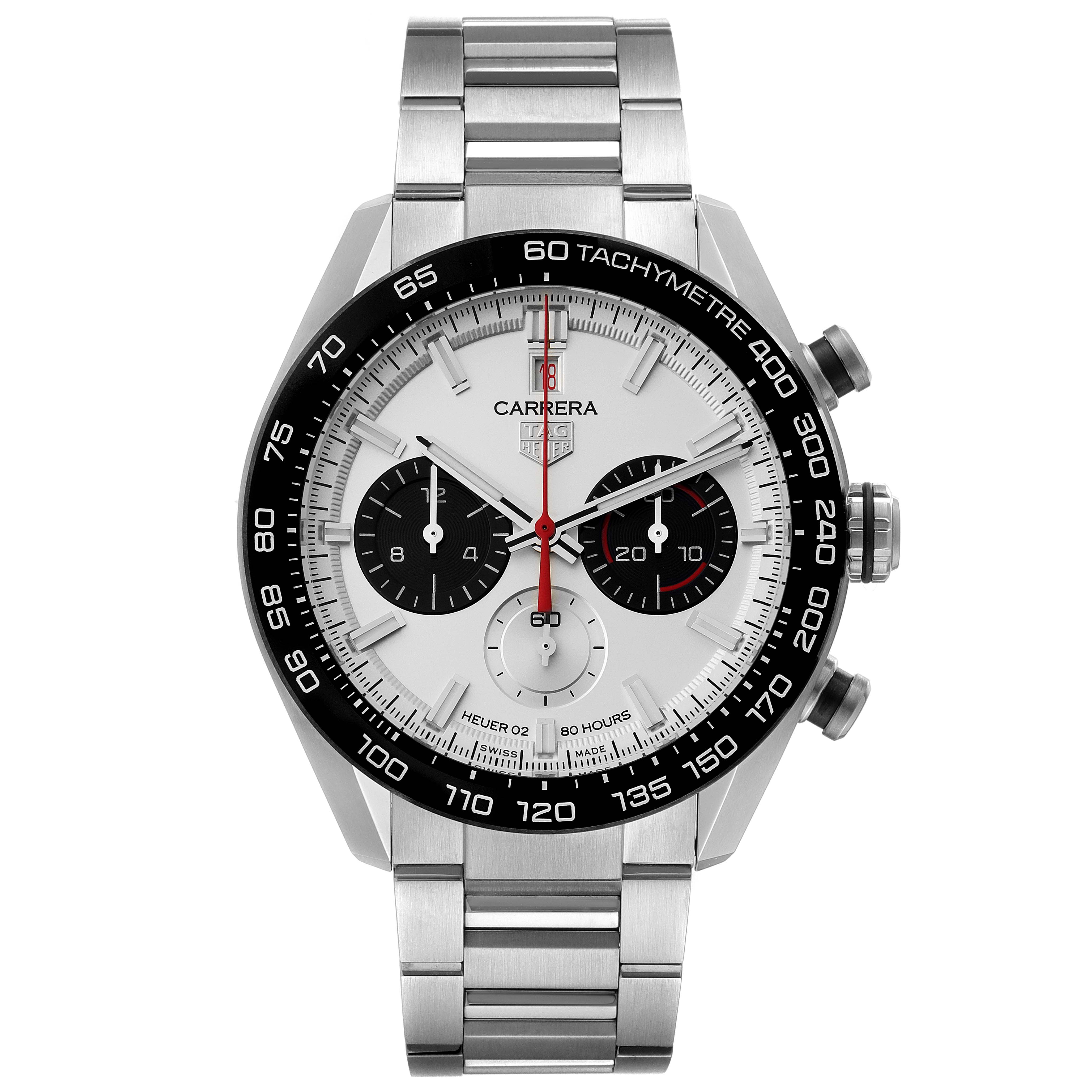 The image shows a Tag Heuer Carrera CBN2A1D.BA0643 Men's Stainless Steel Silver Dial CBN2A1D.BA0643 Men's Stainless Steel Silver Dial watch with a stainless steel bracelet, tachymeter bezel, and silver and black dial.