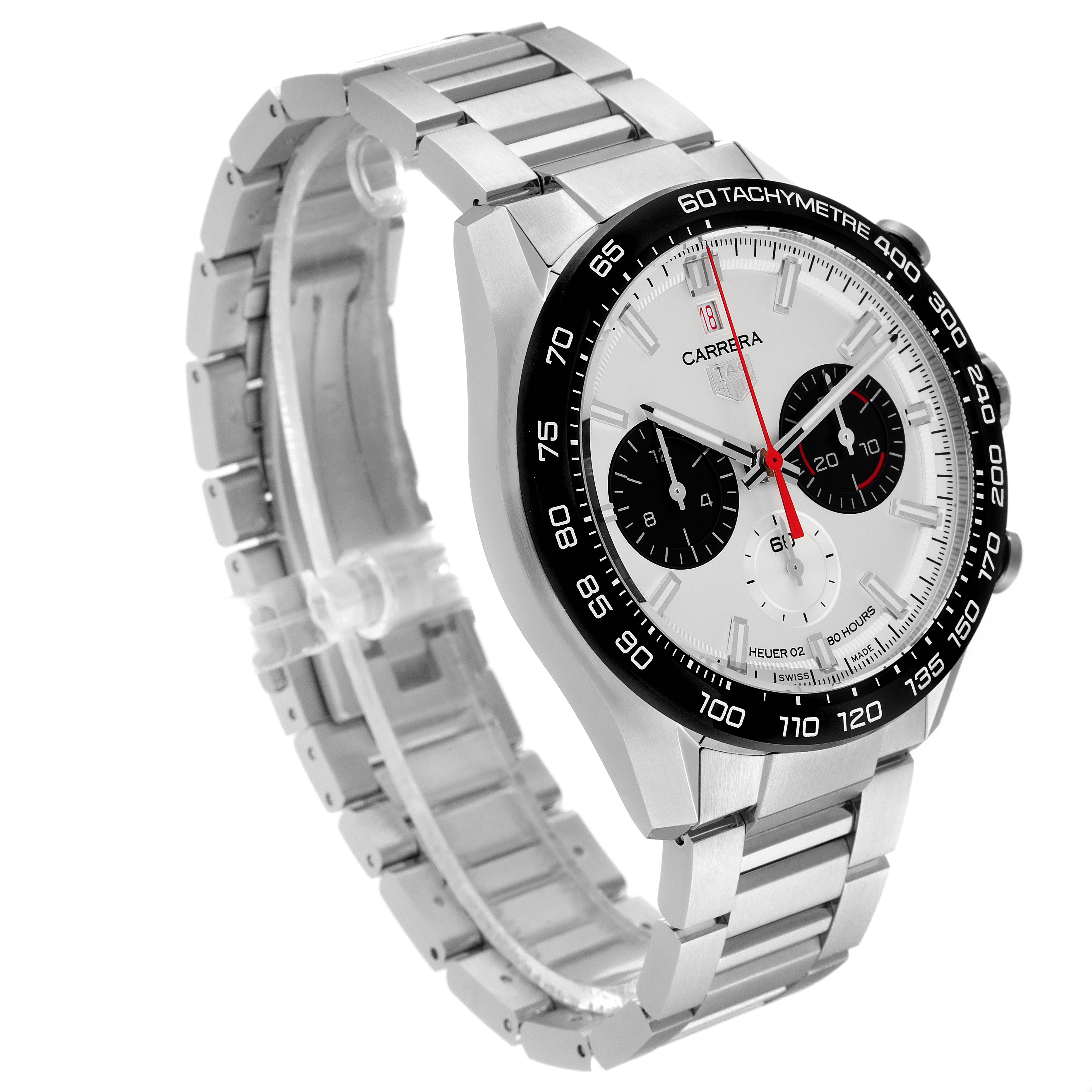 The Tag Heuer Carrera CBN2A1D.BA0643 Men's Stainless Steel Silver Dial CBN2A1D.BA0643 Men's Stainless Steel Silver Dial model watch is shown from an angled top-side view, displaying the face, strap, and side buttons.