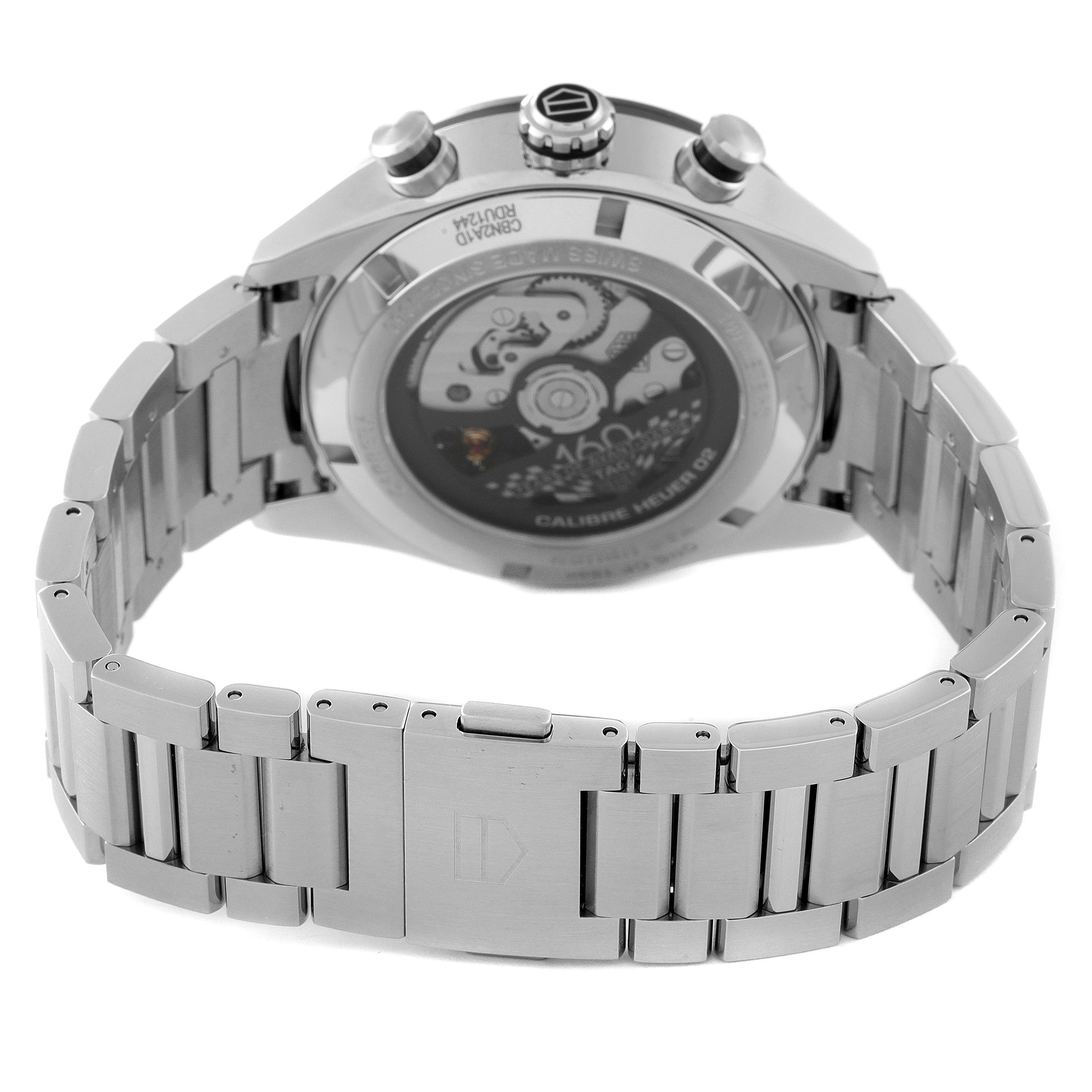 The image shows the back view of the Tag Heuer Carrera CBN2A1D.BA0643 Men's Stainless Steel Silver Dial CBN2A1D.BA0643 Men's Stainless Steel Silver Dial watch, highlighting its metal bracelet and transparent case back.