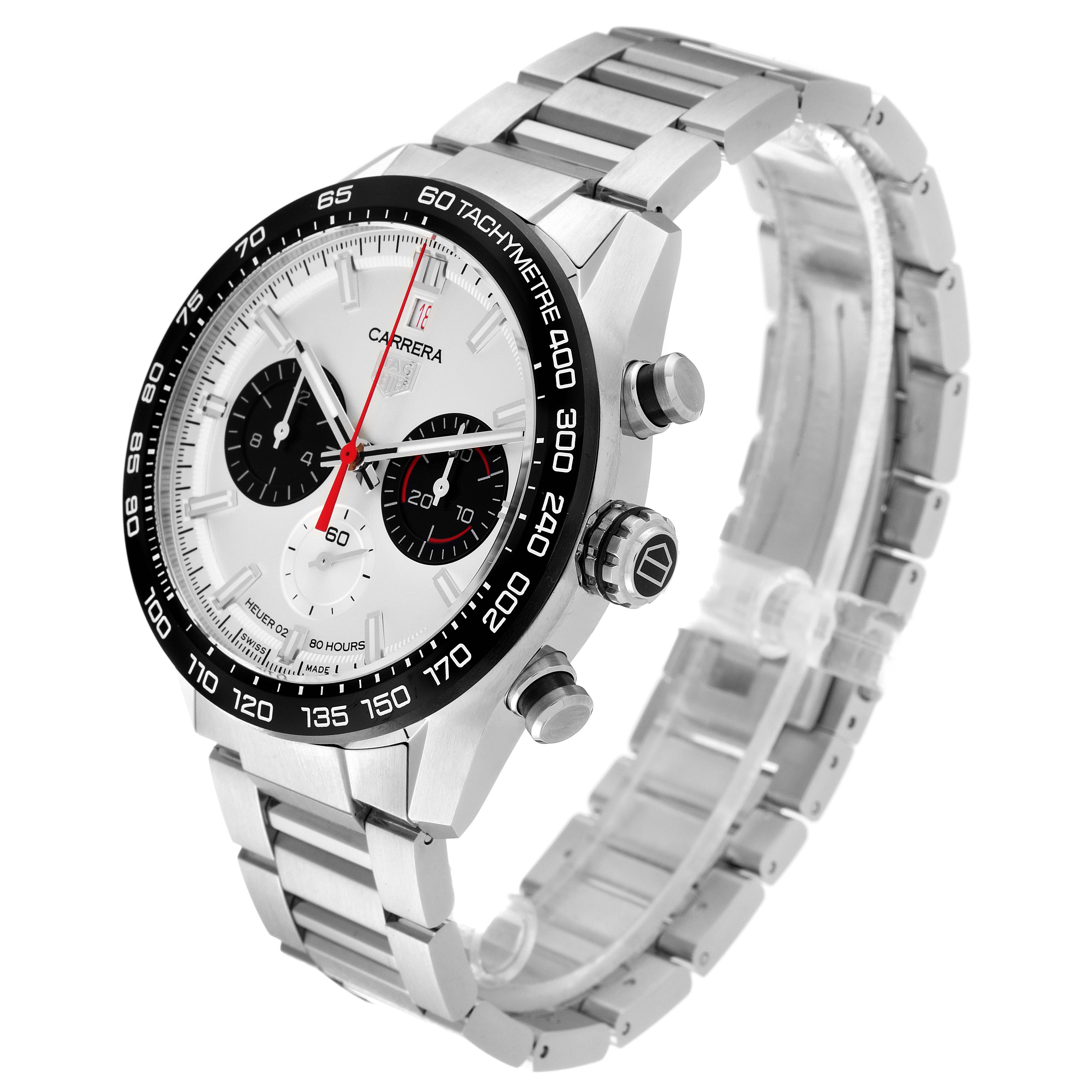 The angle shows the Tag Heuer Carrera CBN2A1D.BA0643 Men's Stainless Steel Silver Dial CBN2A1D.BA0643 Men's Stainless Steel Silver Dial watch from a three-quarter view, displaying the face, bezel, crown, and bracelet.