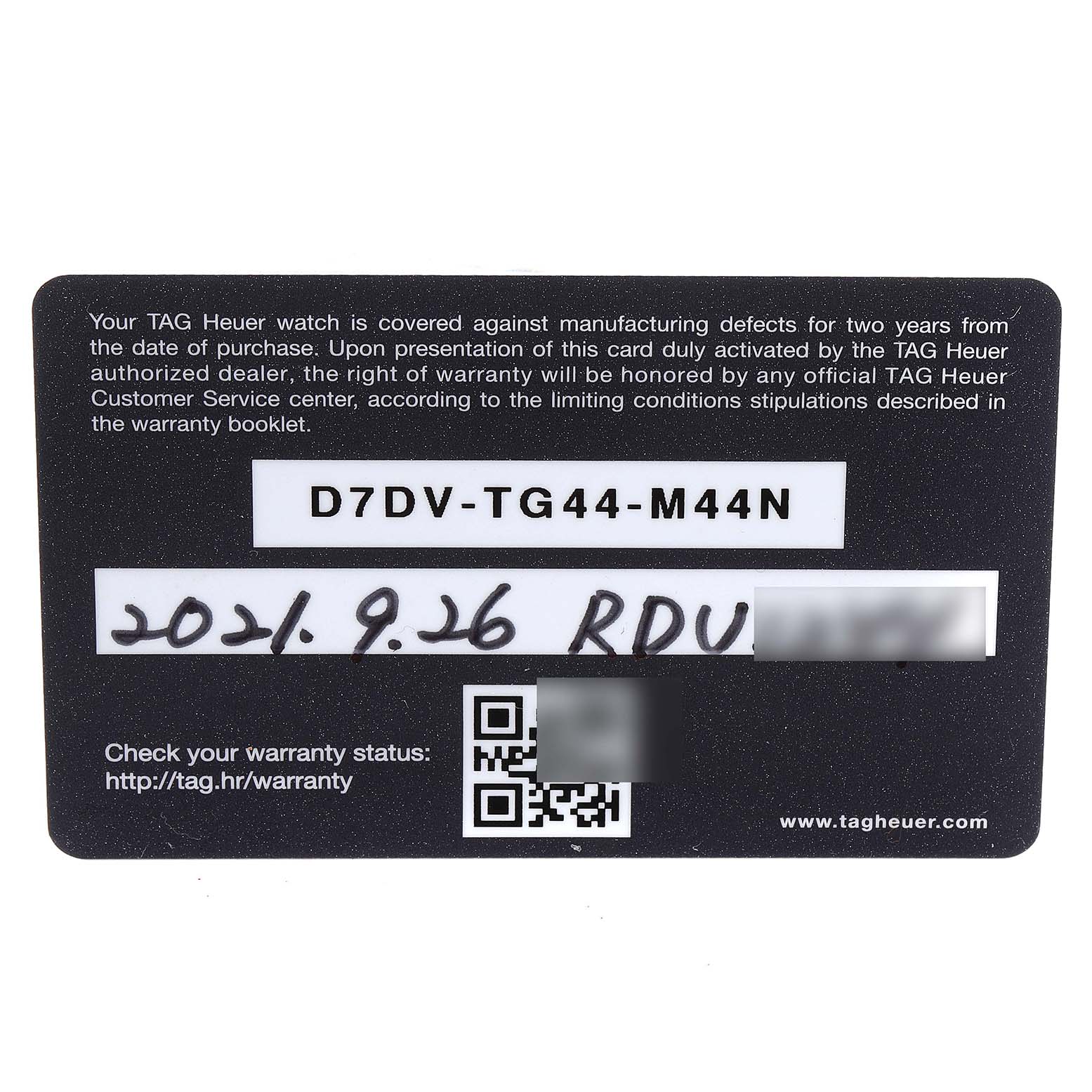 This image shows the warranty card for the Tag Heuer Carrera CBN2A1D.BA0643 Men's Stainless Steel Silver Dial CBN2A1D.BA0643 Men's Stainless Steel Silver Dial model watch.