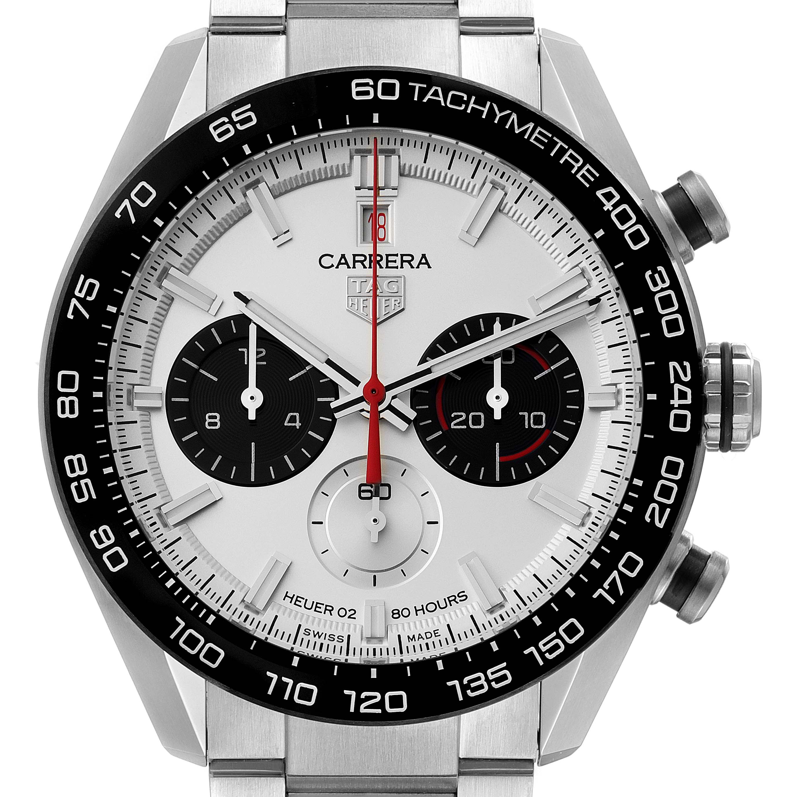 The image shows a frontal close-up of a Tag Heuer Carrera CBN2A1D.BA0643 Men's Stainless Steel Silver Dial CBN2A1D.BA0643 Men's Stainless Steel Silver Dial watch, displaying the dial, tachymeter bezel, and pushers.