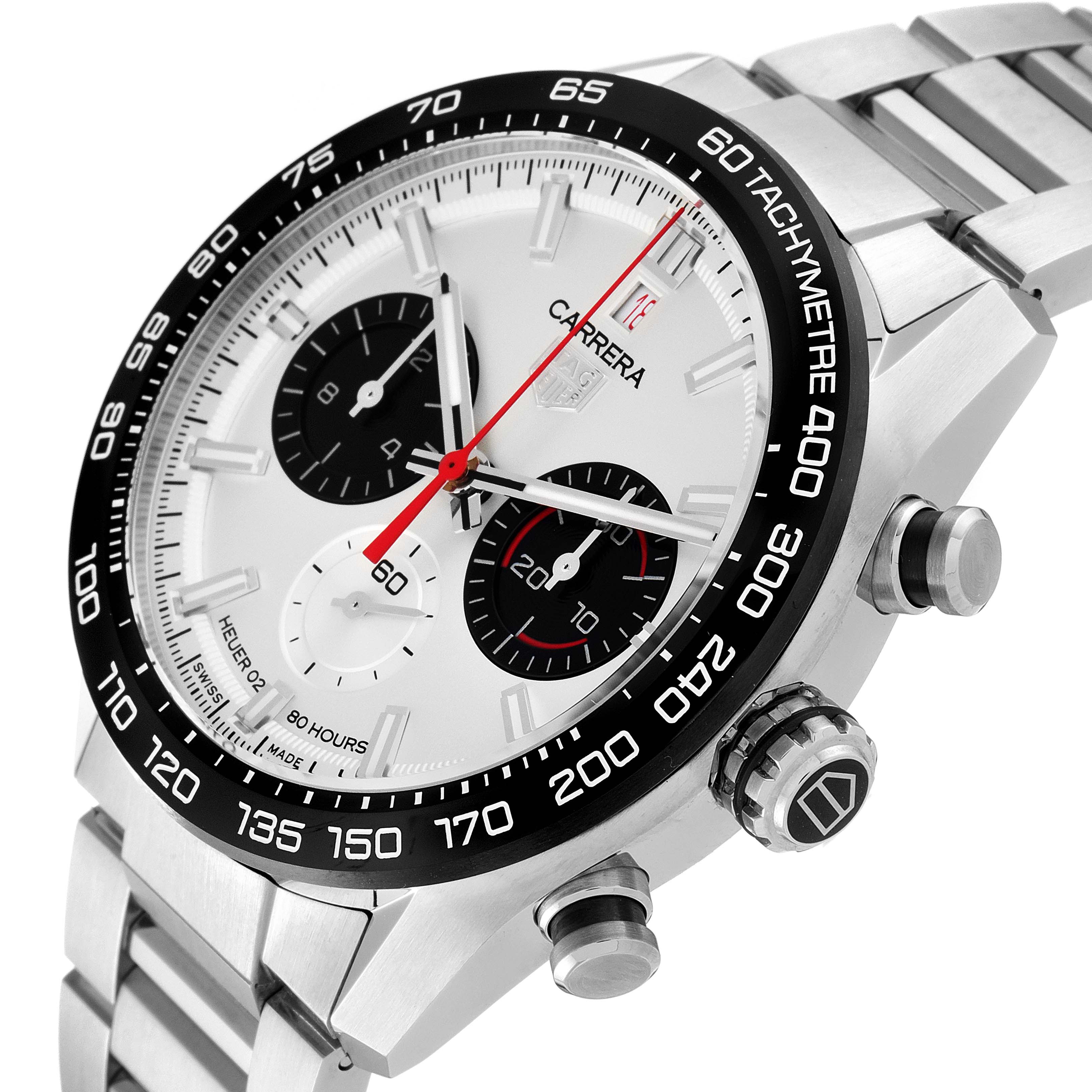 The image shows a side-angle view of the Tag Heuer Carrera CBN2A1D.BA0643 Men's Stainless Steel Silver Dial CBN2A1D.BA0643 Men's Stainless Steel Silver Dial watch, displaying the face, bezel, crown, and part of the bracelet.