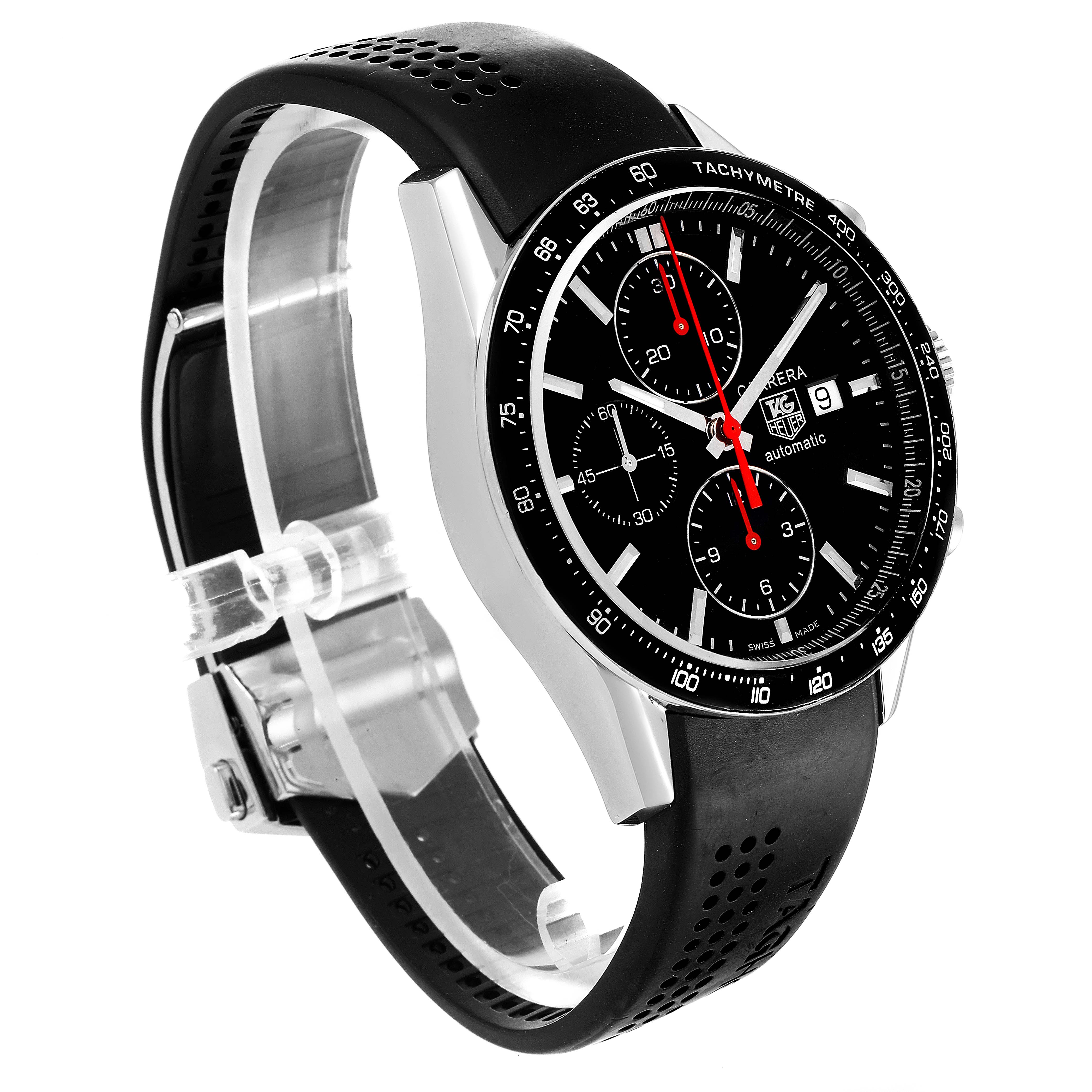 The image shows a side angle of a Tag Heuer Carrera CV2014.FC6233 Men
s Stainless Steel Black Dial CV2014.FC6233 Men
s Stainless Steel Black Dial watch, highlighting the black dial, tachymeter bezel, and black rubber strap.