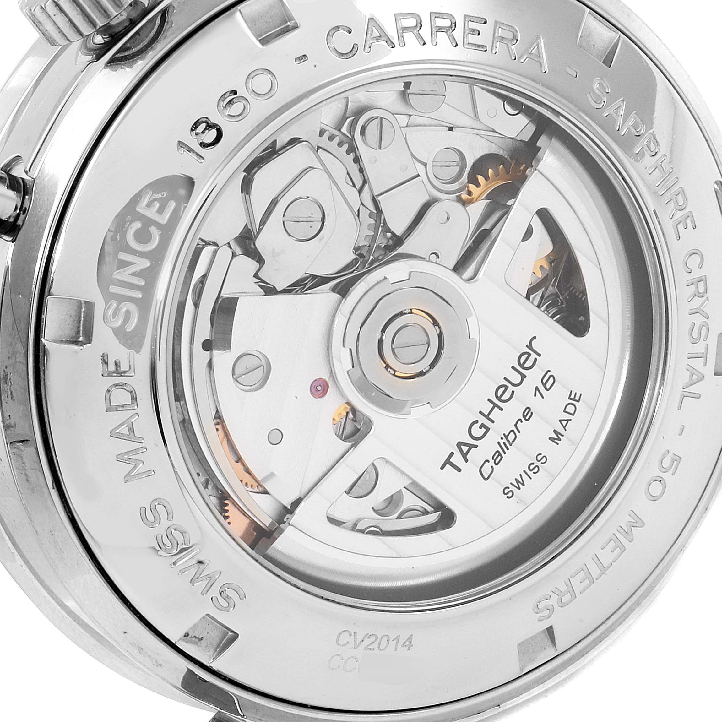 Close-up of the Tag Heuer Carrera CV2014.FC6233 Men
s Stainless Steel Black Dial CV2014.FC6233 Men
s Stainless Steel Black Dial watch
s transparent case back displaying its Calibre 16 movement.