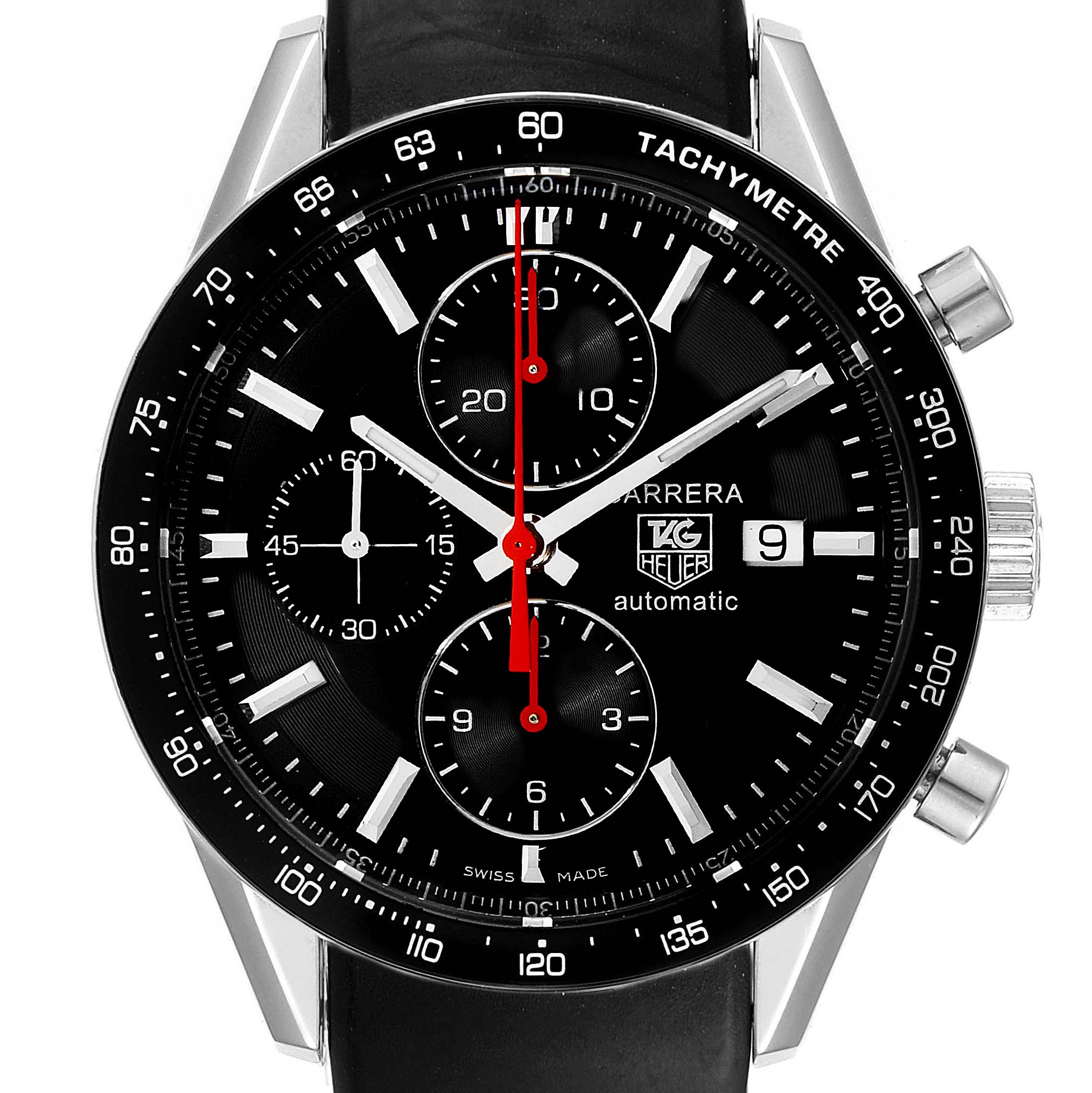 The Tag Heuer Carrera CV2014.FC6233 Men
s Stainless Steel Black Dial CV2014.FC6233 Men
s Stainless Steel Black Dial watch is shown from the front, displaying the dial, tachymeter bezel, and chronograph subdials.