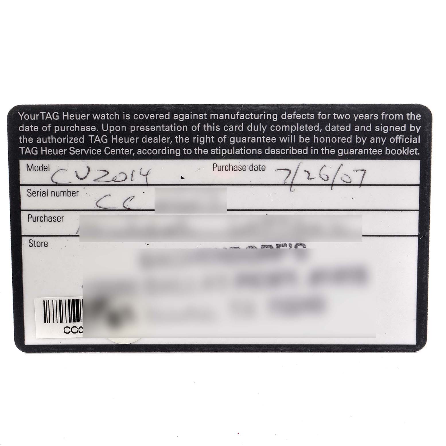 The image shows a guarantee card for the Tag Heuer Carrera CV2014.FC6233 Men
s Stainless Steel Black Dial CV2014.FC6233 Men
s Stainless Steel Black Dial model CU2014, mentioning the purchase date and other purchase details.