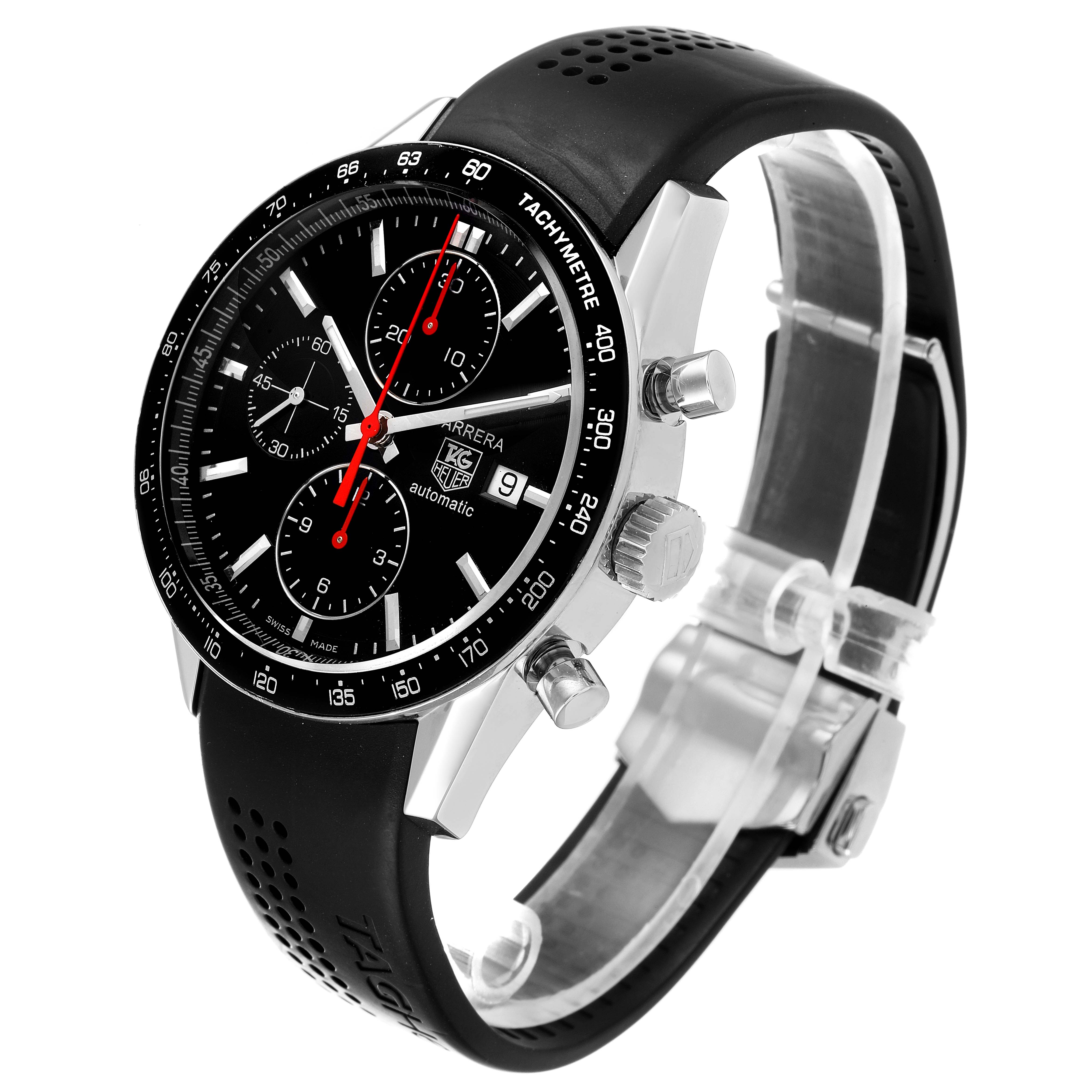 The image shows a Tag Heuer Carrera CV2014.FC6233 Men
s Stainless Steel Black Dial CV2014.FC6233 Men
s Stainless Steel Black Dial watch from a three-quarter angle, highlighting its face, crown, push buttons, and rubber strap.