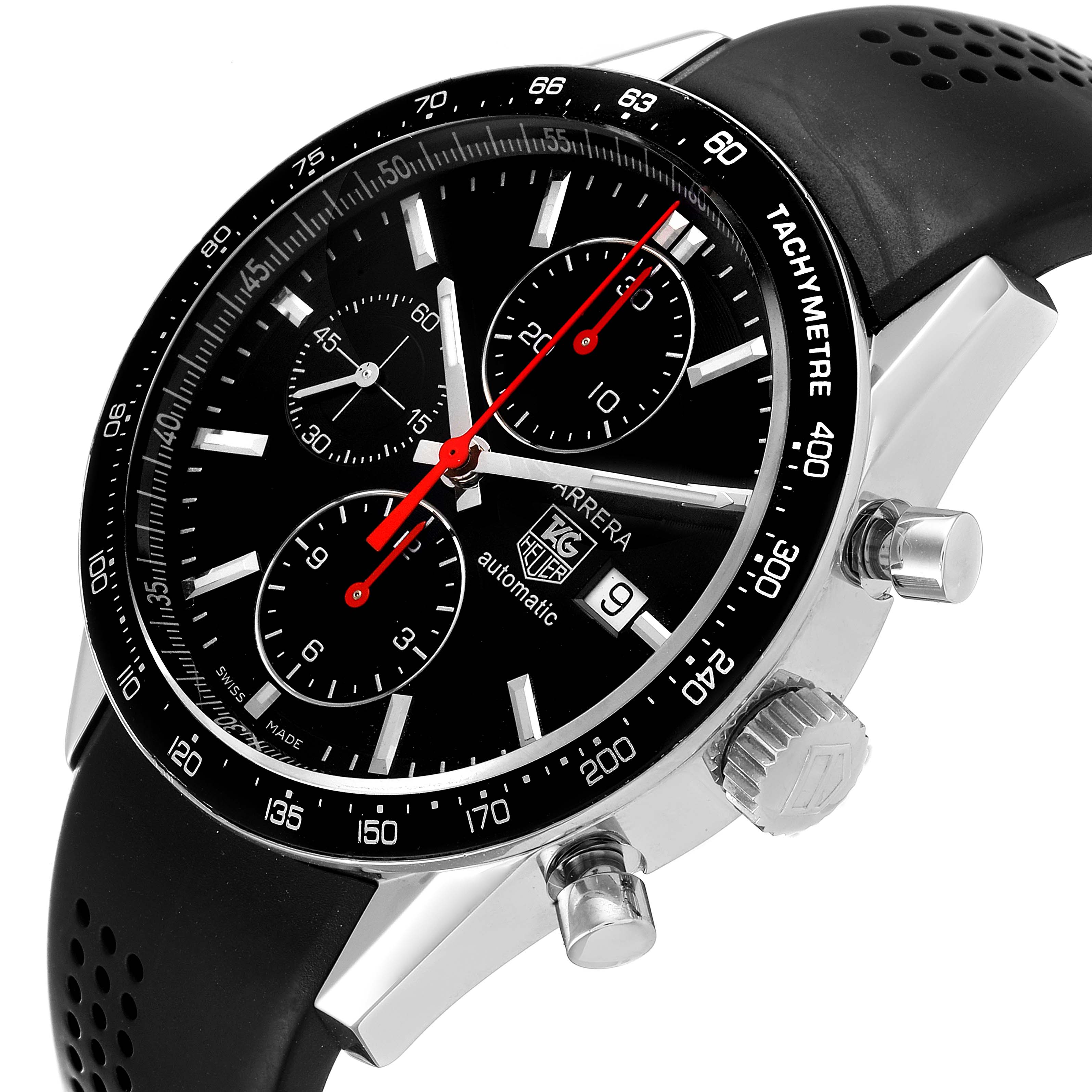 The image shows a close-up, angled view of the Tag Heuer Carrera CV2014.FC6233 Men
s Stainless Steel Black Dial CV2014.FC6233 Men
s Stainless Steel Black Dial watch, focusing on the dial, bezel, and crown.