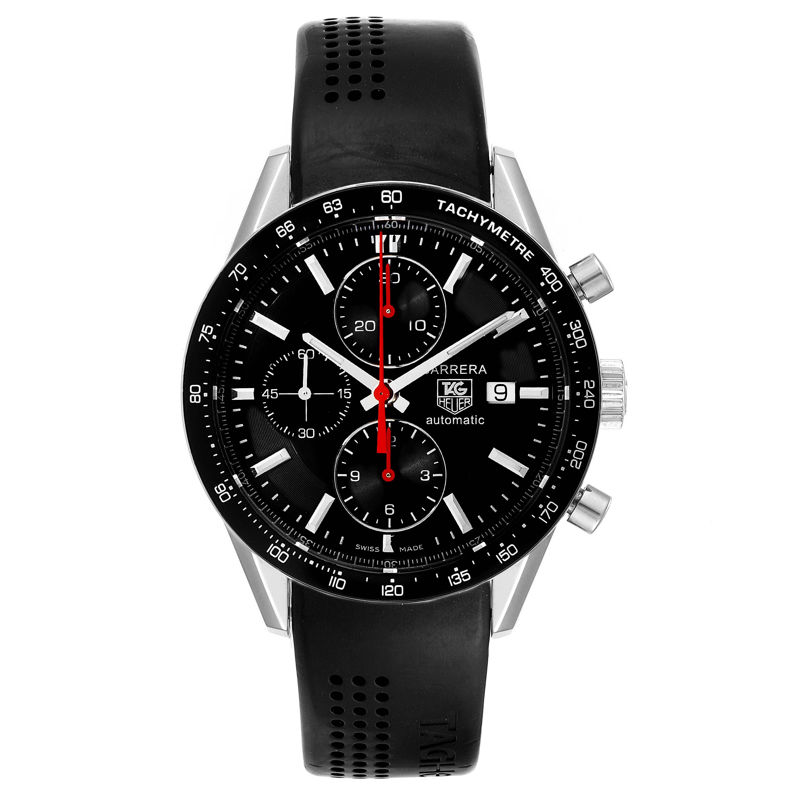 The image shows a frontal view of the Tag Heuer Carrera CV2014.FC6233 Men
s Stainless Steel Black Dial CV2014.FC6233 Men
s Stainless Steel Black Dial watch, displaying its black dial, chronograph subdials, and date window.