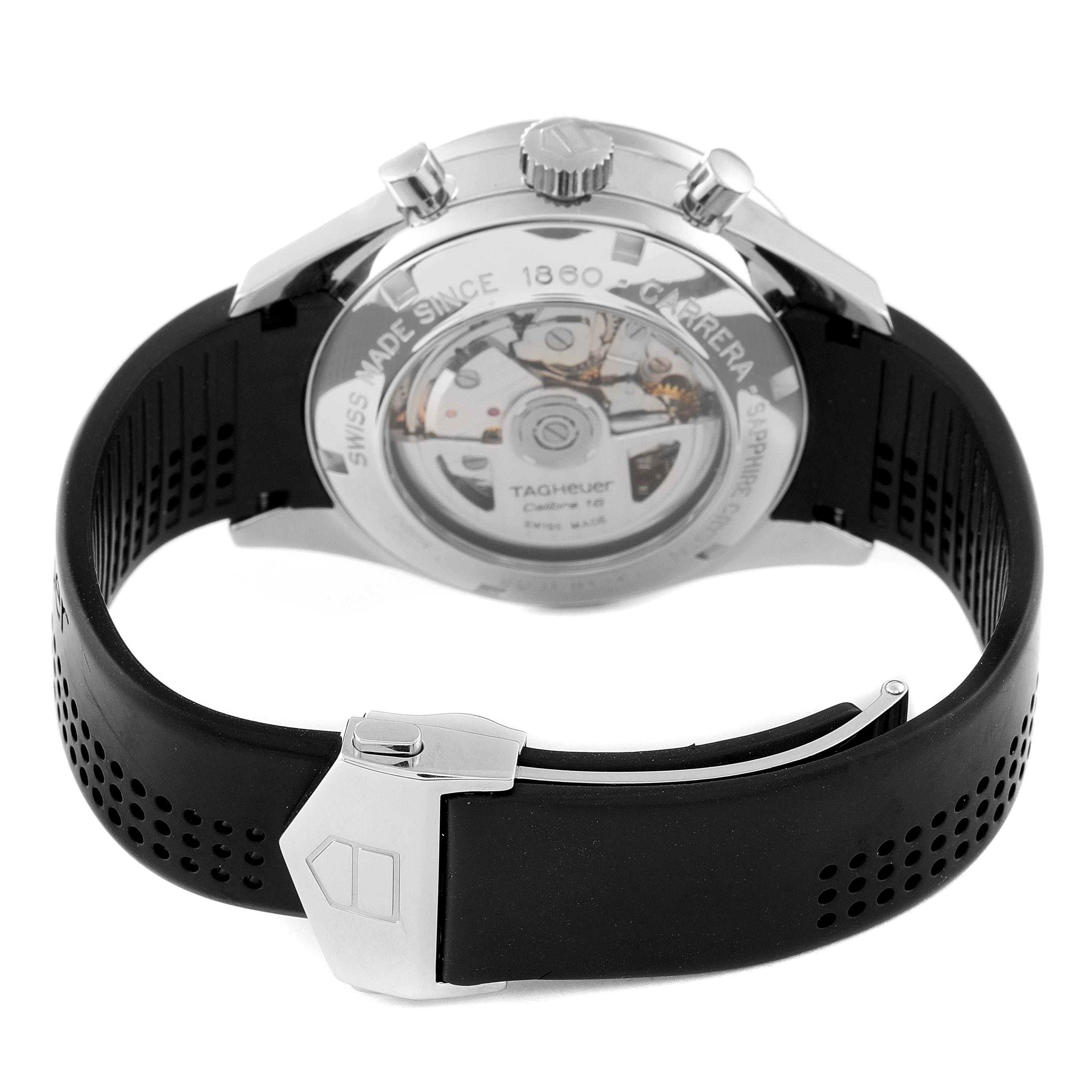 The image shows the back view of a Tag Heuer Carrera CV2014.FC6233 Men
s Stainless Steel Black Dial CV2014.FC6233 Men
s Stainless Steel Black Dial watch, highlighting its movement, case back, and part of the strap.