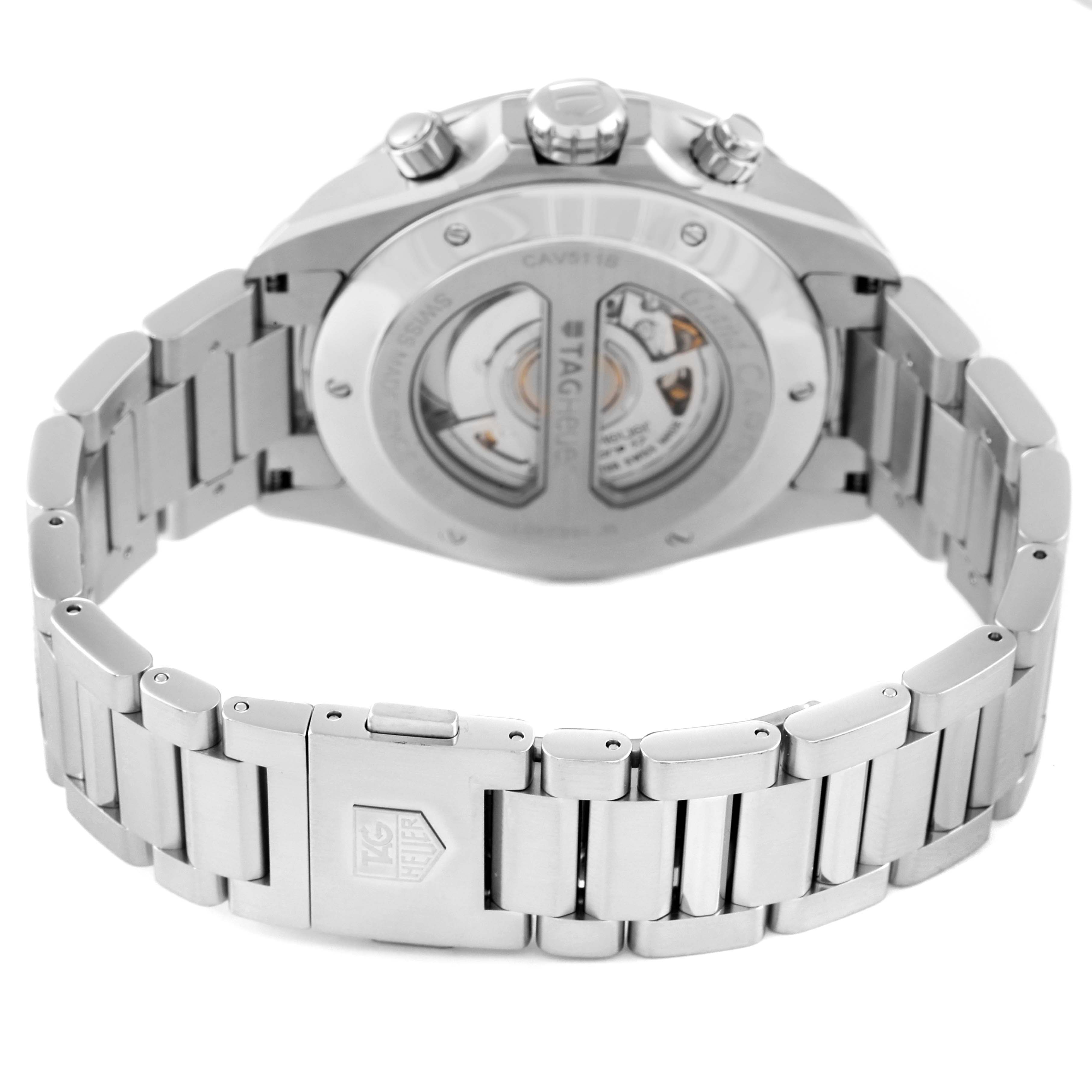 This image shows the back view of a Tag Heuer Carrera CAV511B.BA0902 Men
s Stainless Steel Silver Dial CAV511B.BA0902 Men
s Stainless Steel Silver Dial watch, displaying the bracelet and transparent case back.