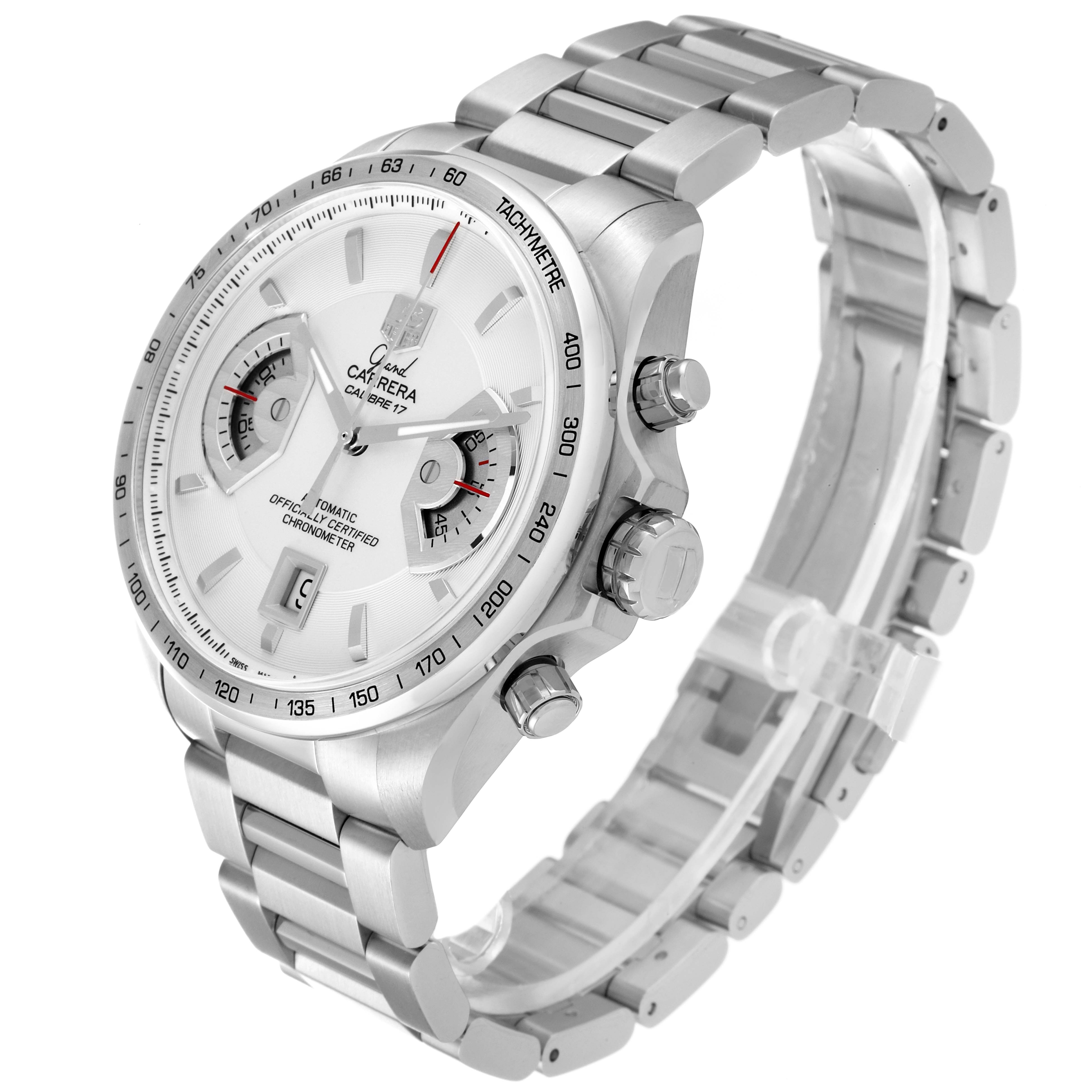 The image shows a Tag Heuer Carrera CAV511B.BA0902 Men
s Stainless Steel Silver Dial CAV511B.BA0902 Men
s Stainless Steel Silver Dial watch angled to display the face, buttons, and part of the metal bracelet.