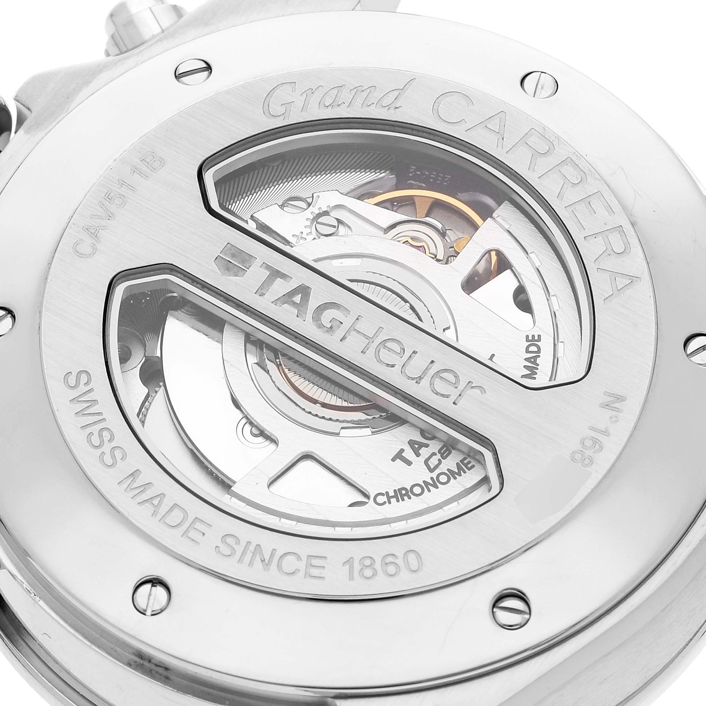 The image shows the back view of the Tag Heuer Carrera CAV511B.BA0902 Men
s Stainless Steel Silver Dial CAV511B.BA0902 Men
s Stainless Steel Silver Dial watch, highlighting its inner mechanics and branding.