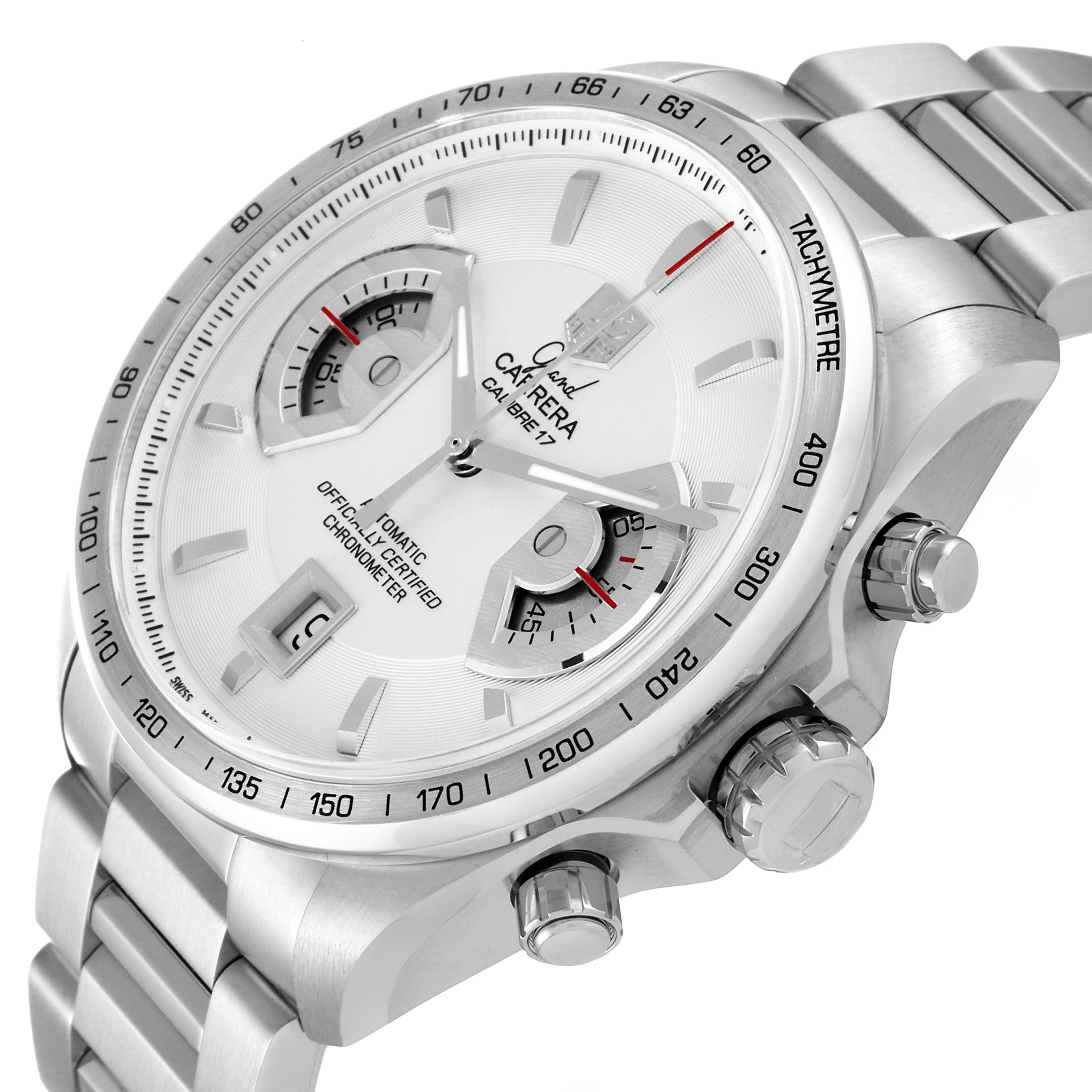 The image shows a Tag Heuer Carrera CAV511B.BA0902 Men
s Stainless Steel Silver Dial CAV511B.BA0902 Men
s Stainless Steel Silver Dial watch from a slight angle, highlighting its face, side buttons, and part of the bracelet.