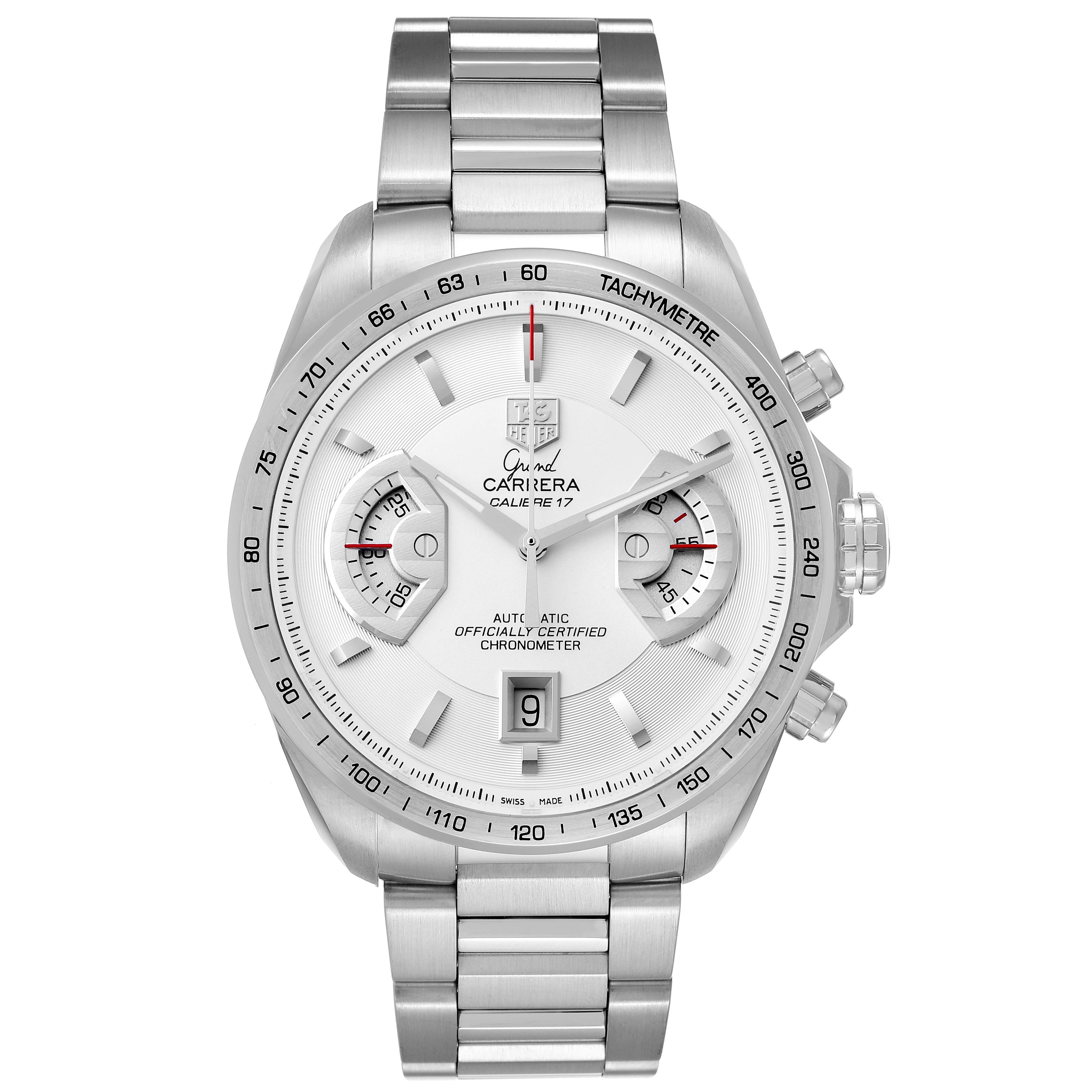 The image shows a front view of the Tag Heuer Carrera CAV511B.BA0902 Men
s Stainless Steel Silver Dial CAV511B.BA0902 Men
s Stainless Steel Silver Dial watch, highlighting its face, dial, chronograph sub-dials, and metal bracelet.
