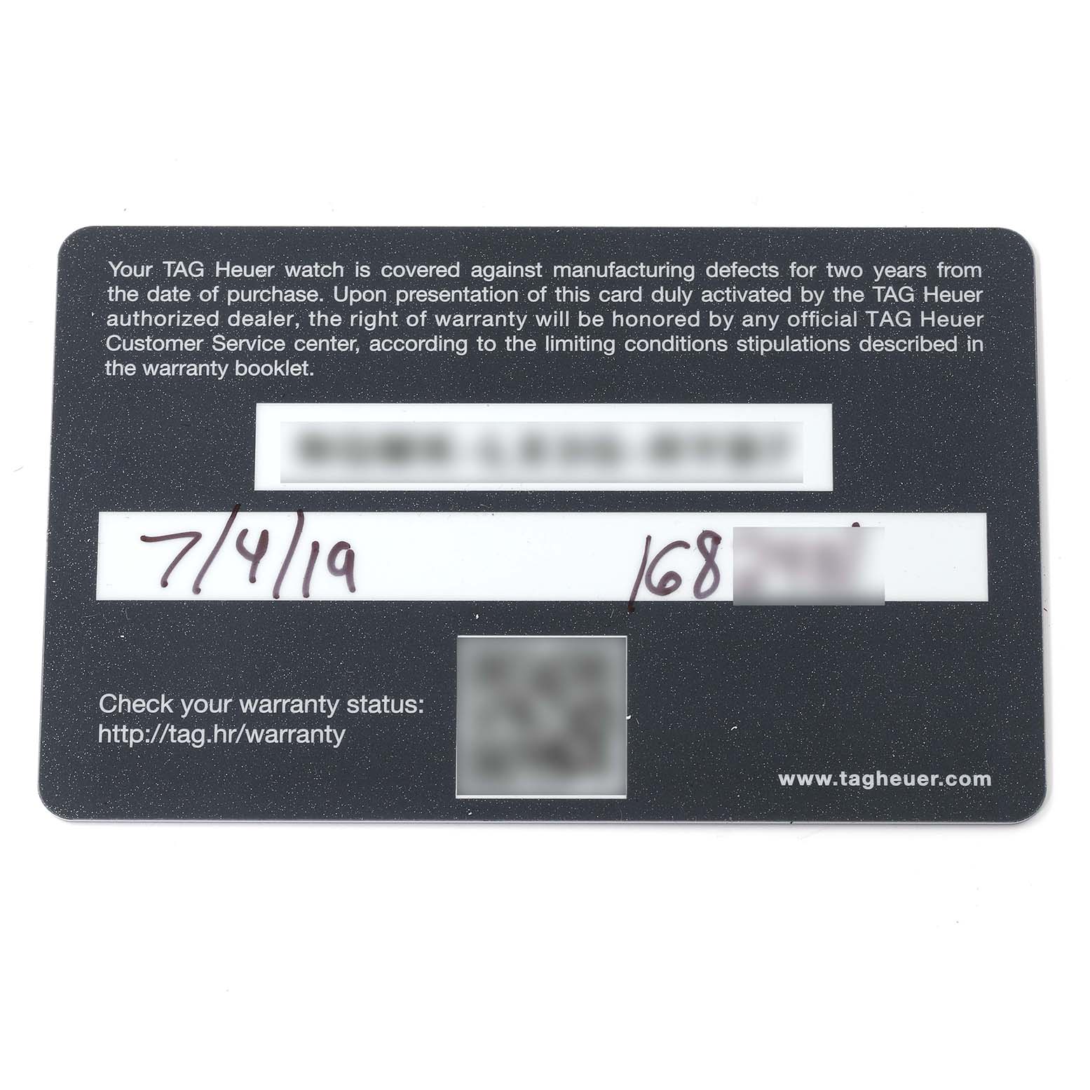 This image shows the warranty card for a Tag Heuer Carrera CAV511B.BA0902 Men
s Stainless Steel Silver Dial CAV511B.BA0902 Men
s Stainless Steel Silver Dial watch, displayed front-facing.