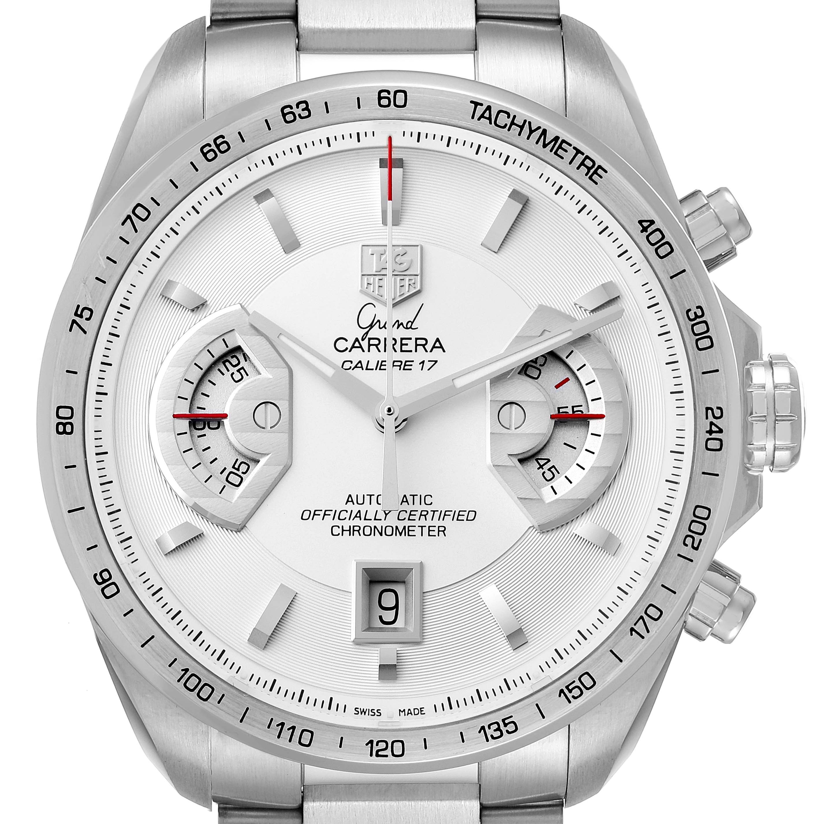 The image shows a frontal view of the Tag Heuer Carrera CAV511B.BA0902 Men
s Stainless Steel Silver Dial CAV511B.BA0902 Men
s Stainless Steel Silver Dial Calibre 17 watch with its dial, sub-dials, and tachymeter bezel visible.