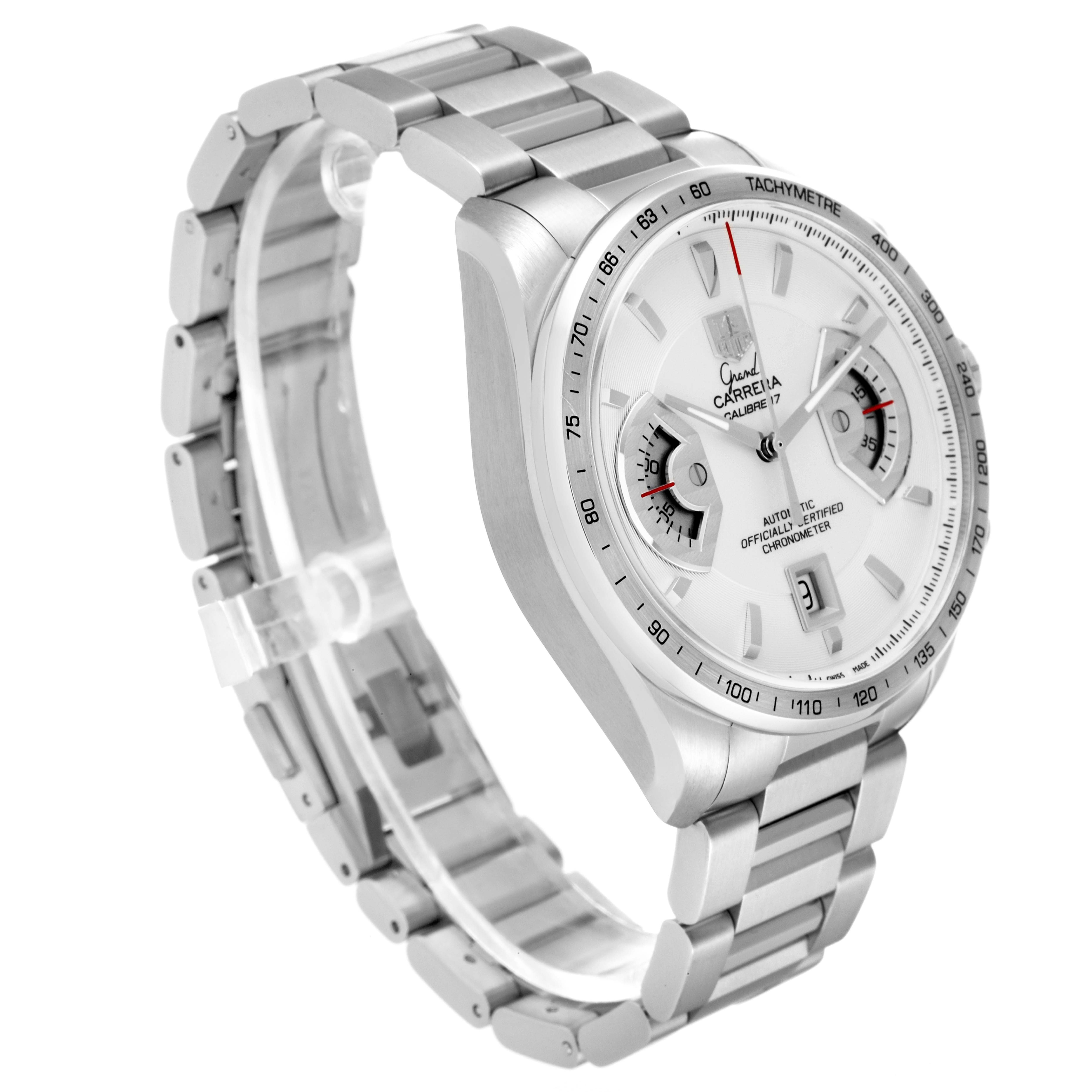The image shows a side angle of the Tag Heuer Carrera CAV511B.BA0902 Men
s Stainless Steel Silver Dial CAV511B.BA0902 Men
s Stainless Steel Silver Dial model watch, highlighting its bracelet, case, and dial.