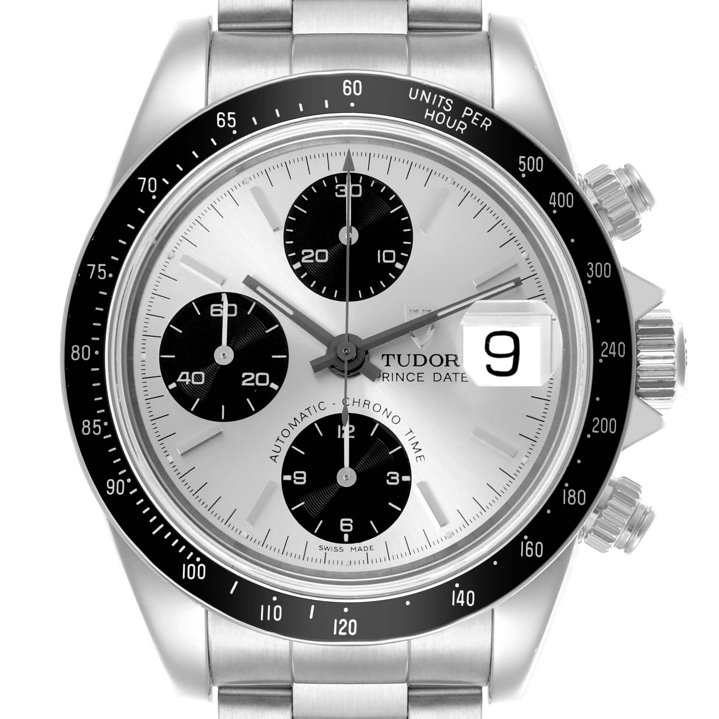 The Tudor Prince 79260P Men's Stainless Steel Silver Dial 79260P Men's Stainless Steel Silver Dial watch is shown from a frontal angle, highlighting the dial, crown, and sub-dials.