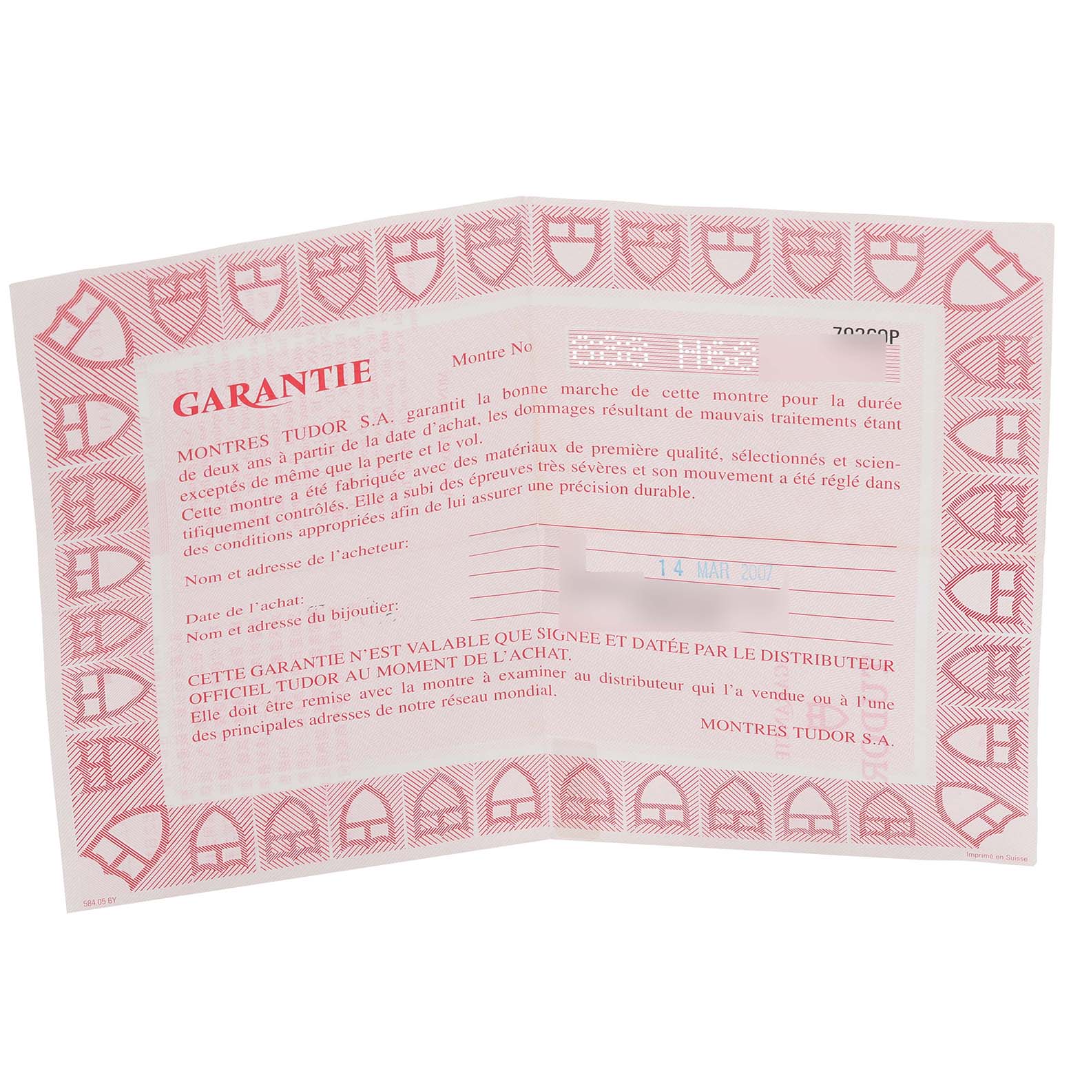 The image shows the warranty card for a Tudor Prince 79260P Men's Stainless Steel Silver Dial 79260P Men's Stainless Steel Silver Dial model watch, not the watch itself.