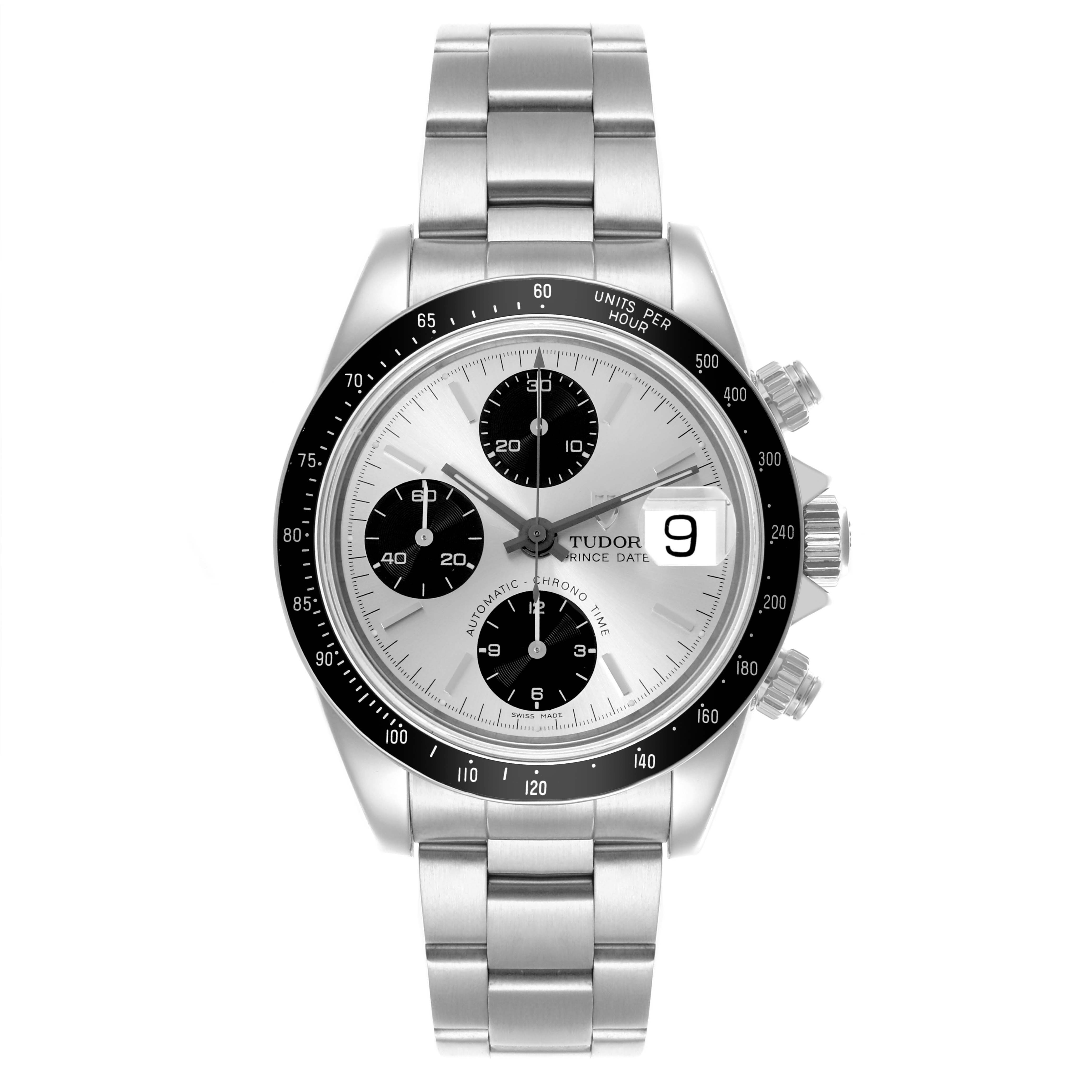 The Tudor Prince 79260P Men's Stainless Steel Silver Dial 79260P Men's Stainless Steel Silver Dial model watch is shown from a top-down angle, highlighting its face, bezel, crown, and bracelet.