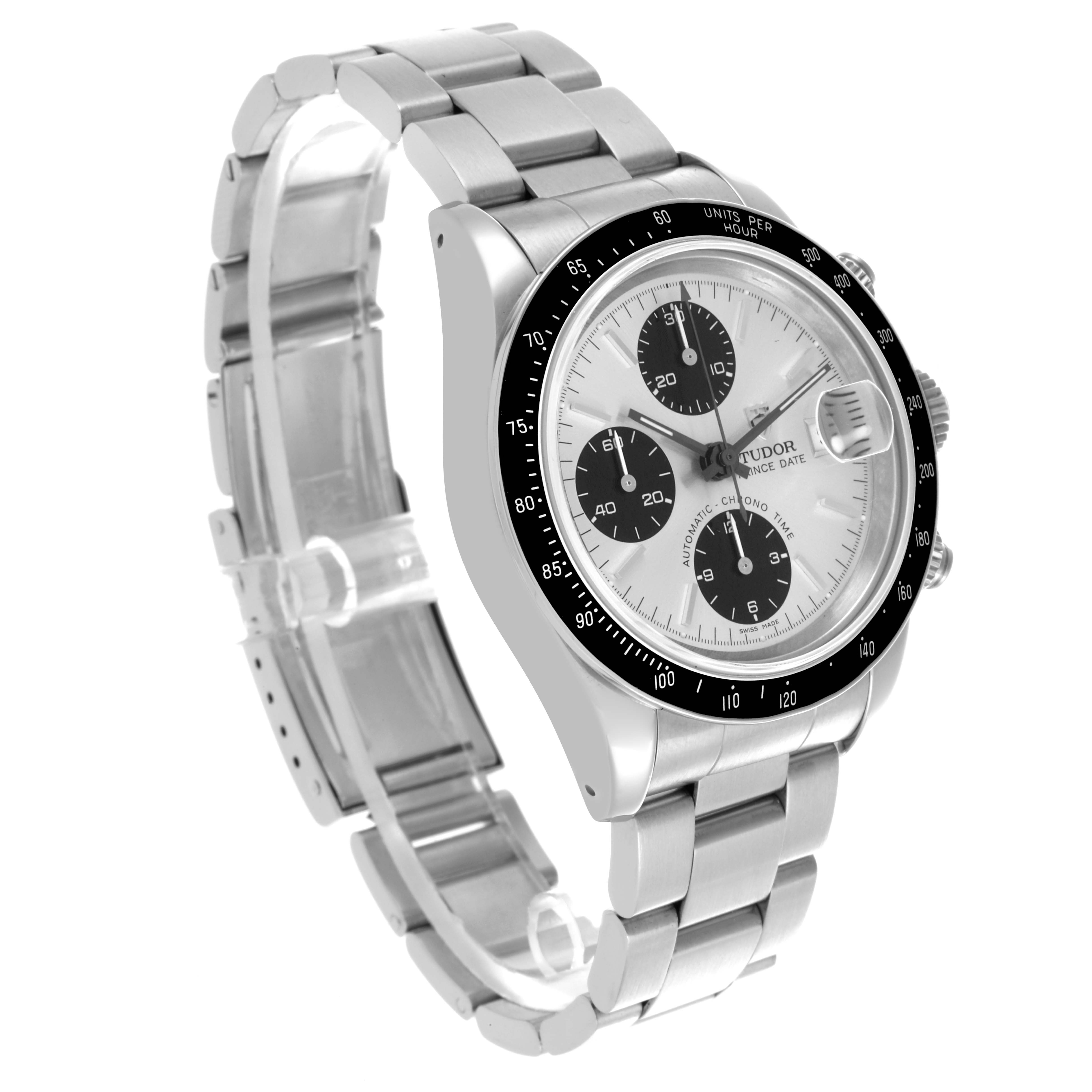 The Tudor Prince 79260P Men's Stainless Steel Silver Dial 79260P Men's Stainless Steel Silver Dial watch is shown at an angled view, highlighting the face, bezel, and stainless steel bracelet.