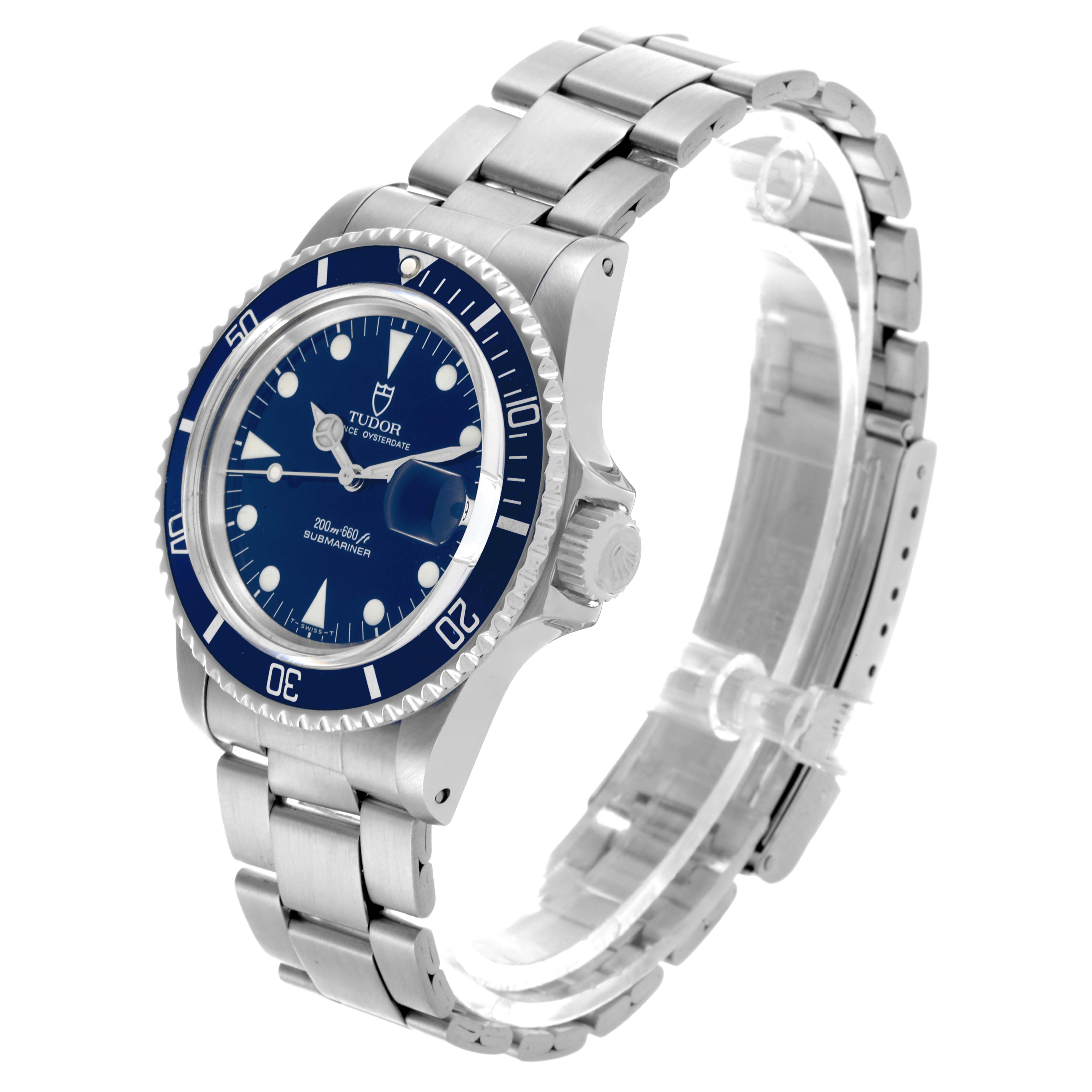 The Tudor Submariner 79090 Men's Stainless Steel Blue Dial 79090 Men's Stainless Steel Blue Dial is shown at an angled front view, highlighting the bezel, dial, crown, and bracelet.