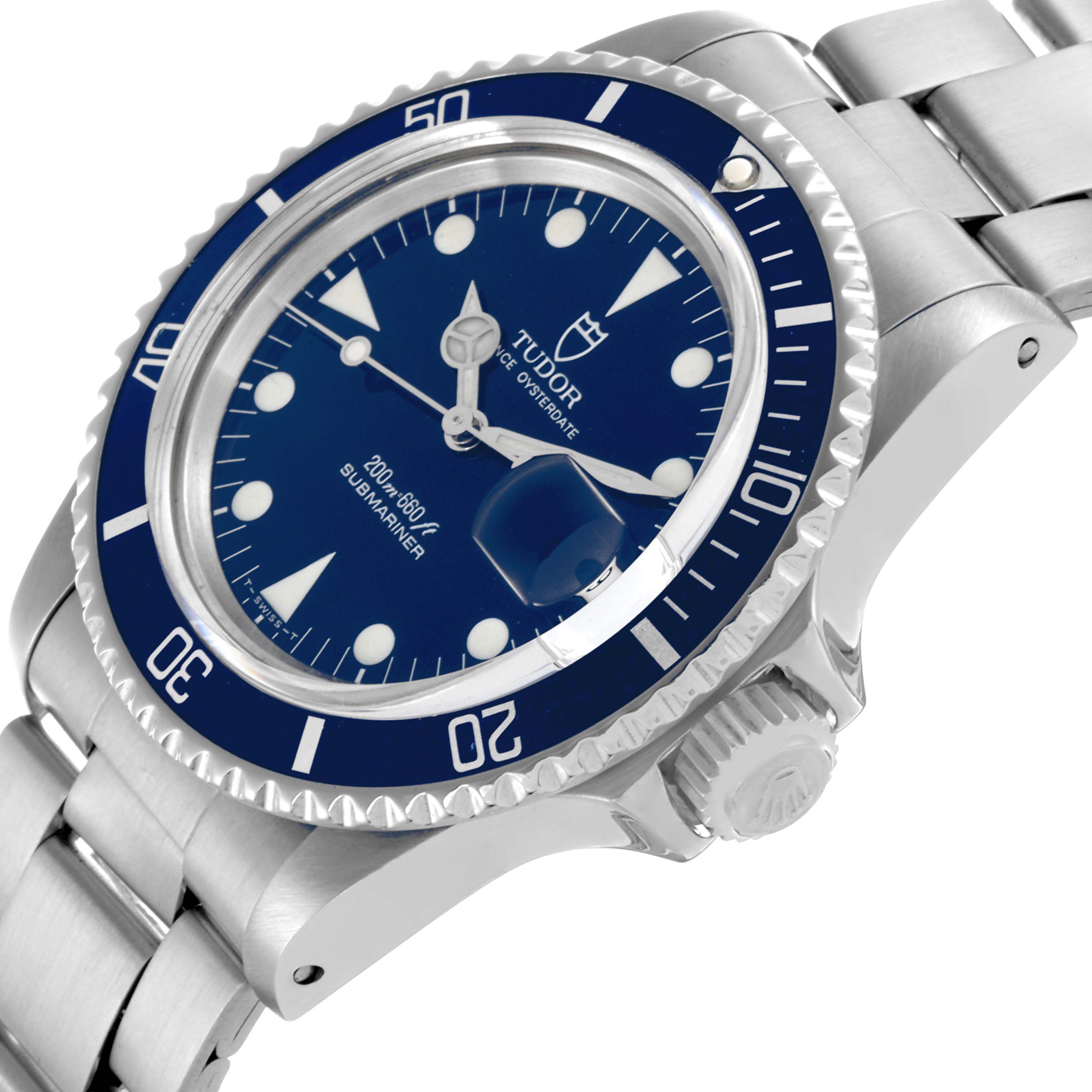 The Tudor Submariner 79090 Men's Stainless Steel Blue Dial 79090 Men's Stainless Steel Blue Dial watch is shown at a side angle, highlighting the dial, bezel, crown, and bracelet links.