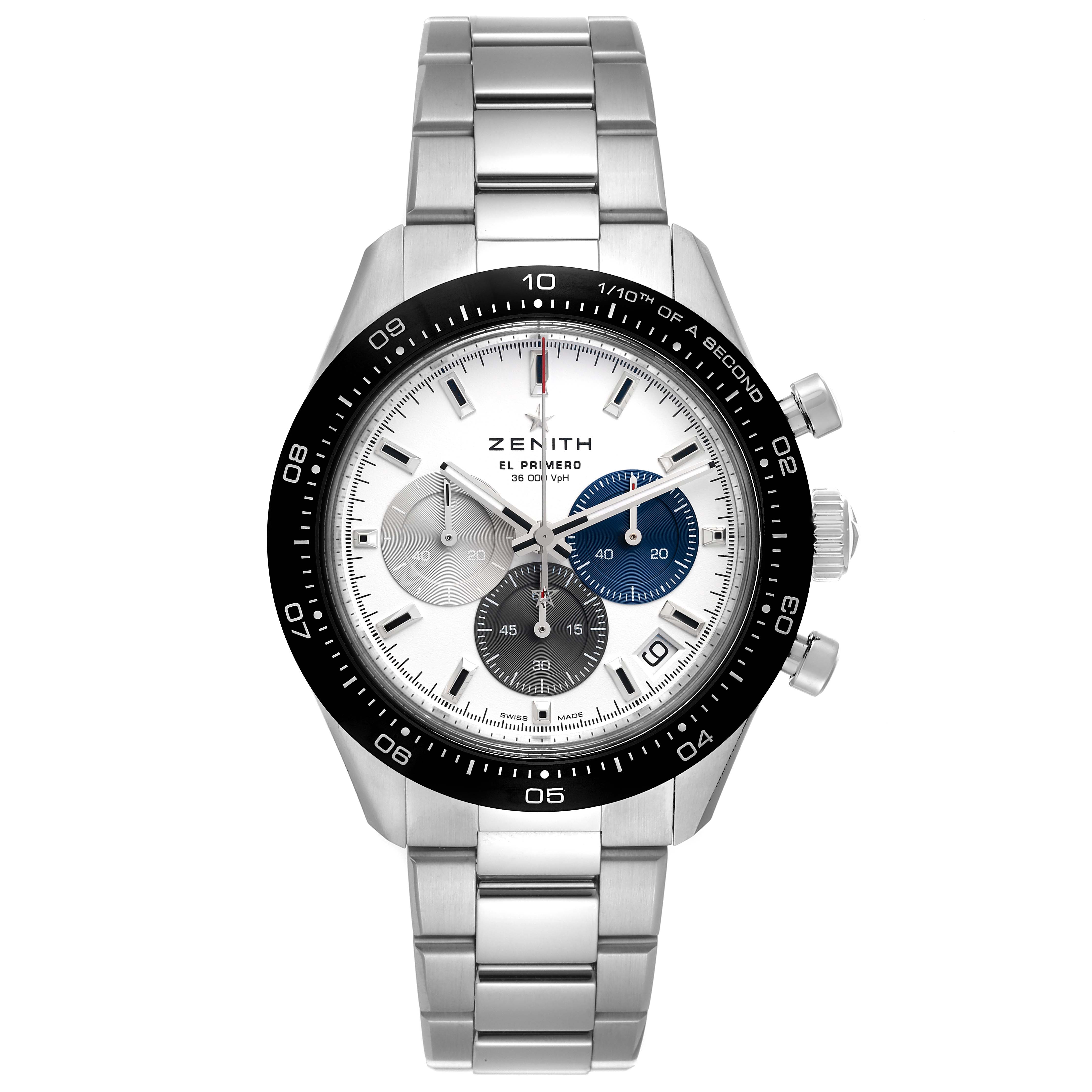 The Zenith El Primero watch is shown at a front angle, displaying the dial, bezel, sub-dials, pushers, crown, and metal bracelet.