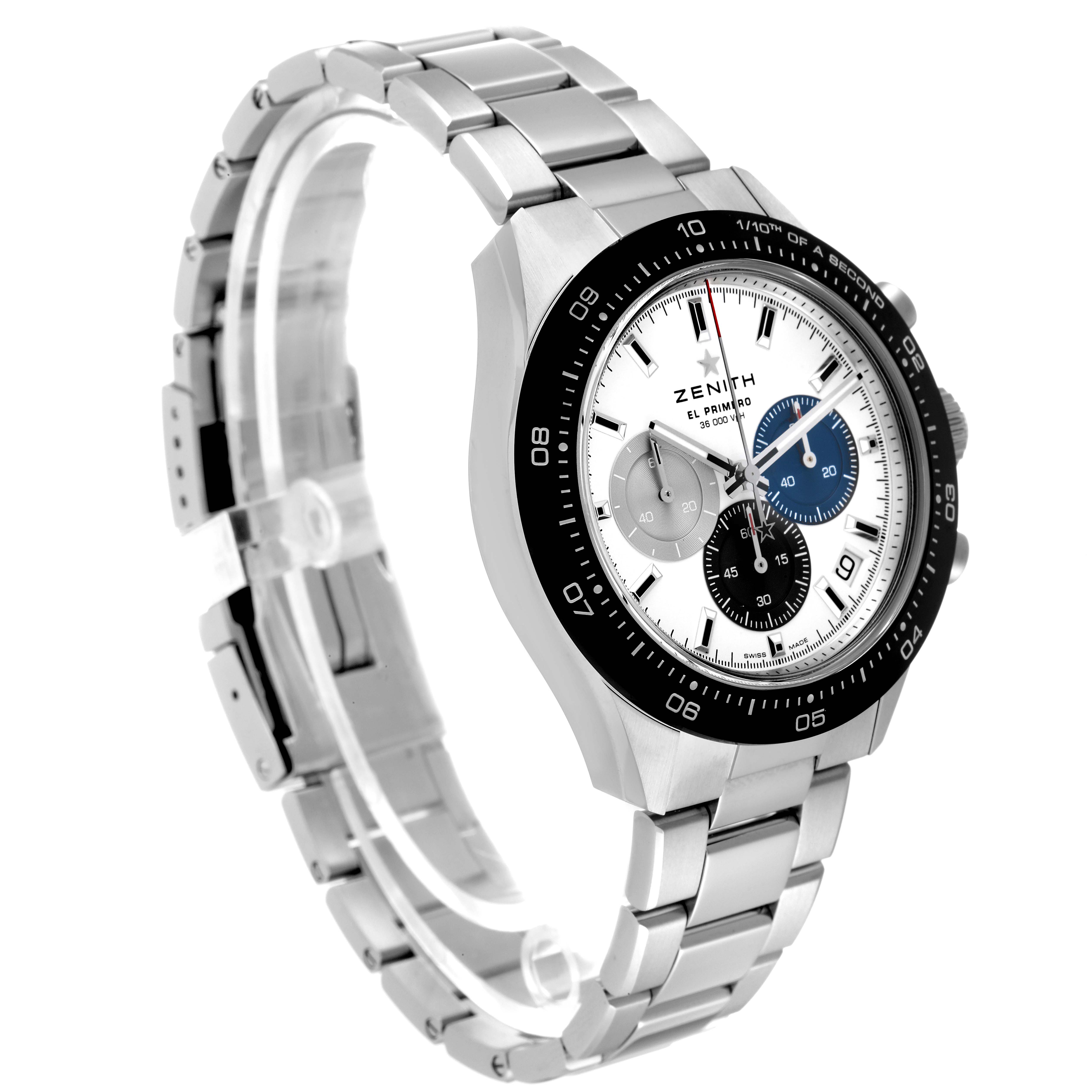 The Zenith El Primero watch is shown at a slight angle, highlighting the dial, bezel, and metal bracelet.