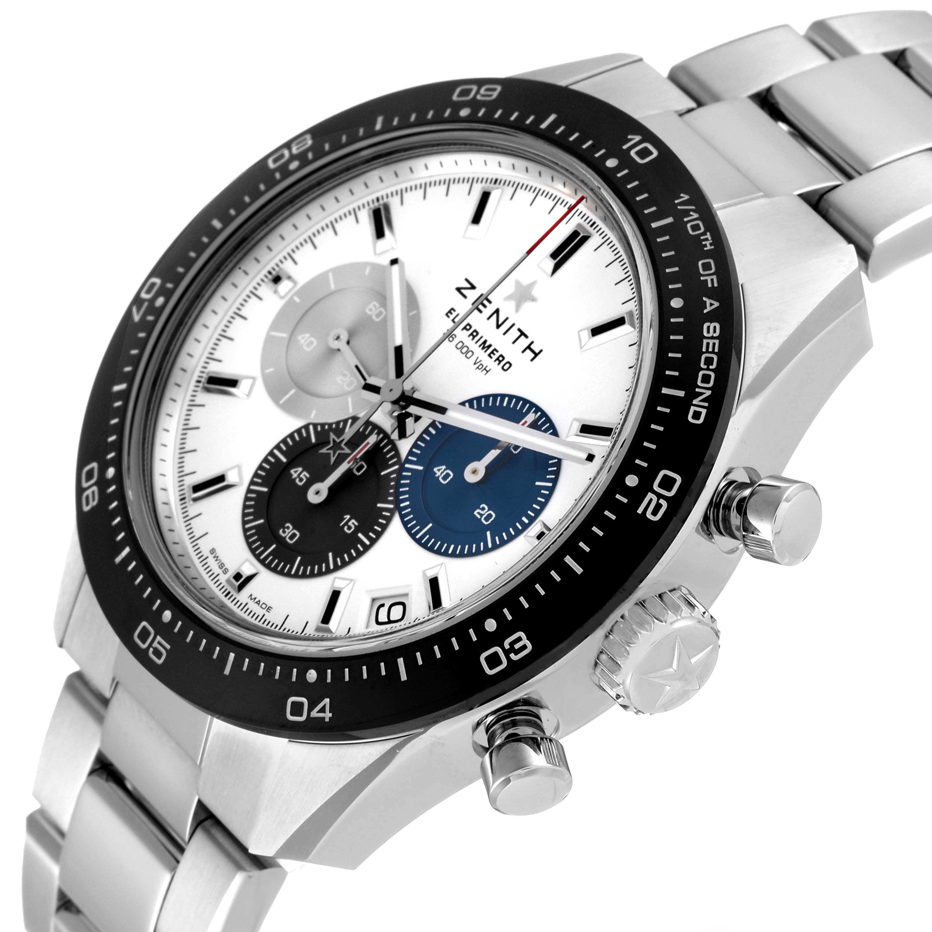 The Zenith El Primero watch is shown at a three-quarter angle, highlighting its dial, bezel, bracelet, and side pushers.