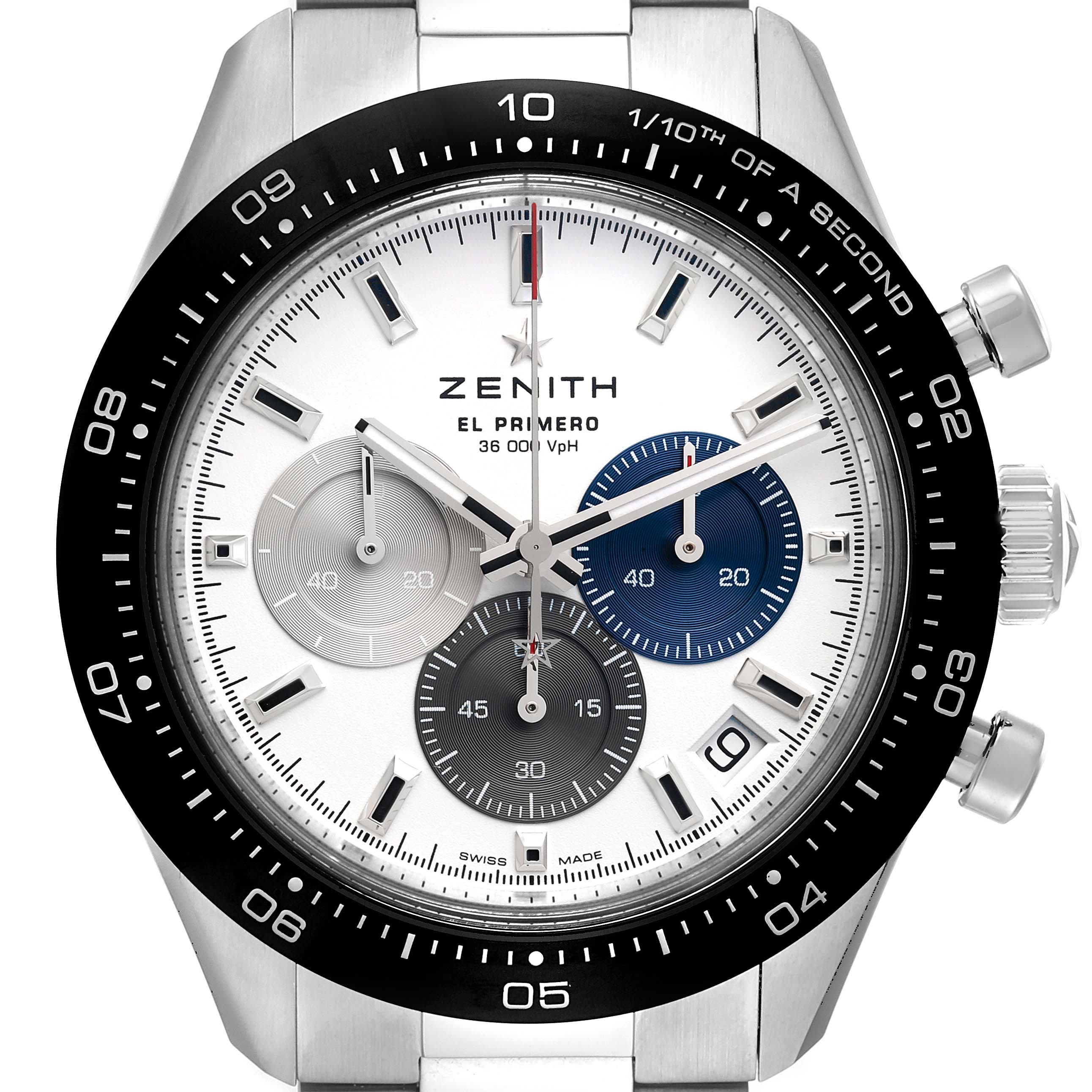 The image shows a front angle of the Zenith Chronomaster 03.3100.3600/69.M3100 Men's Stainless Steel White Dial 03.3100.3600/69.M3100 Men's Stainless Steel White Dial watch, highlighting its dial, subdials, bezel, and pushers.