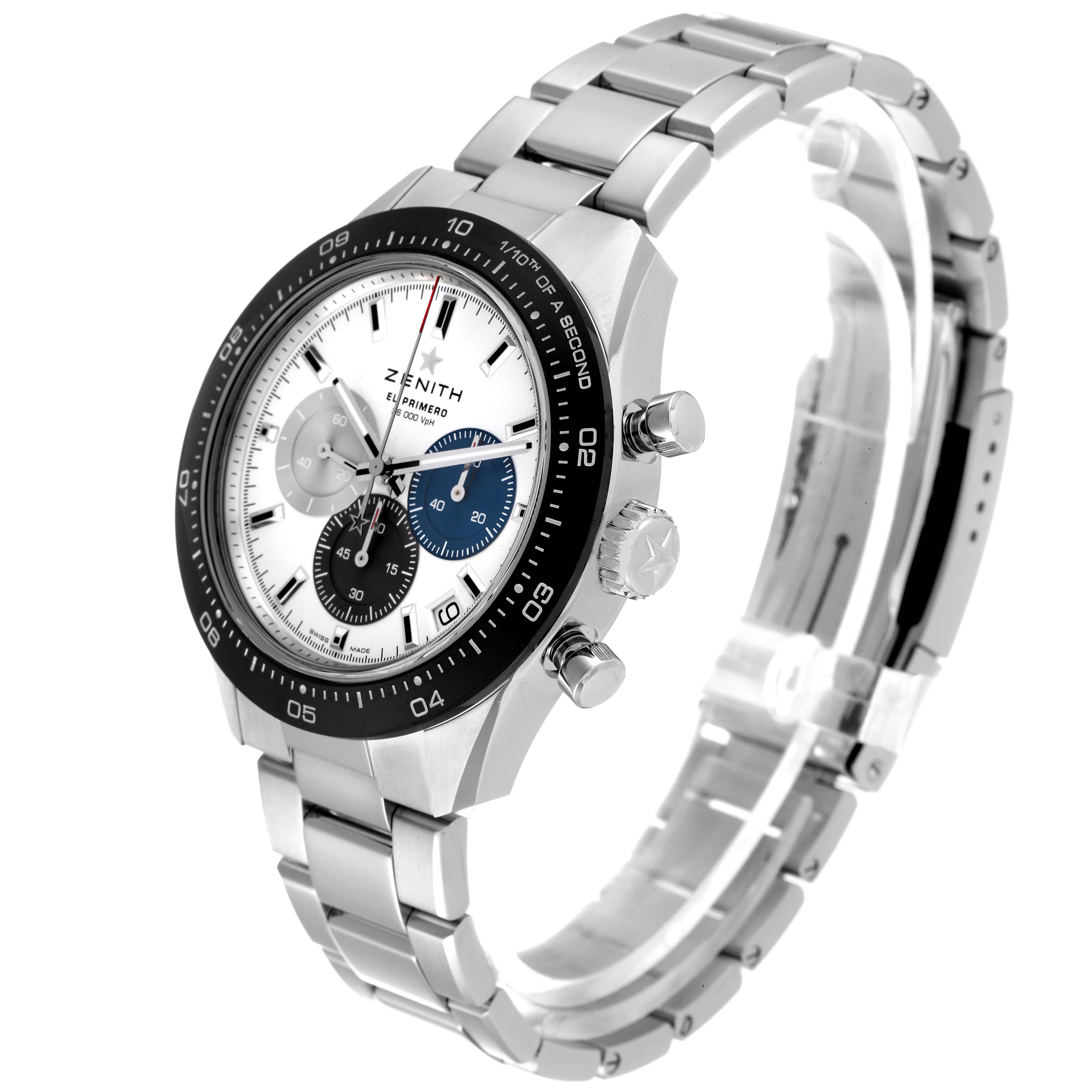 The image shows a Zenith El Primero watch from an angled side view, highlighting its face, bezel, crown, and stainless steel bracelet.