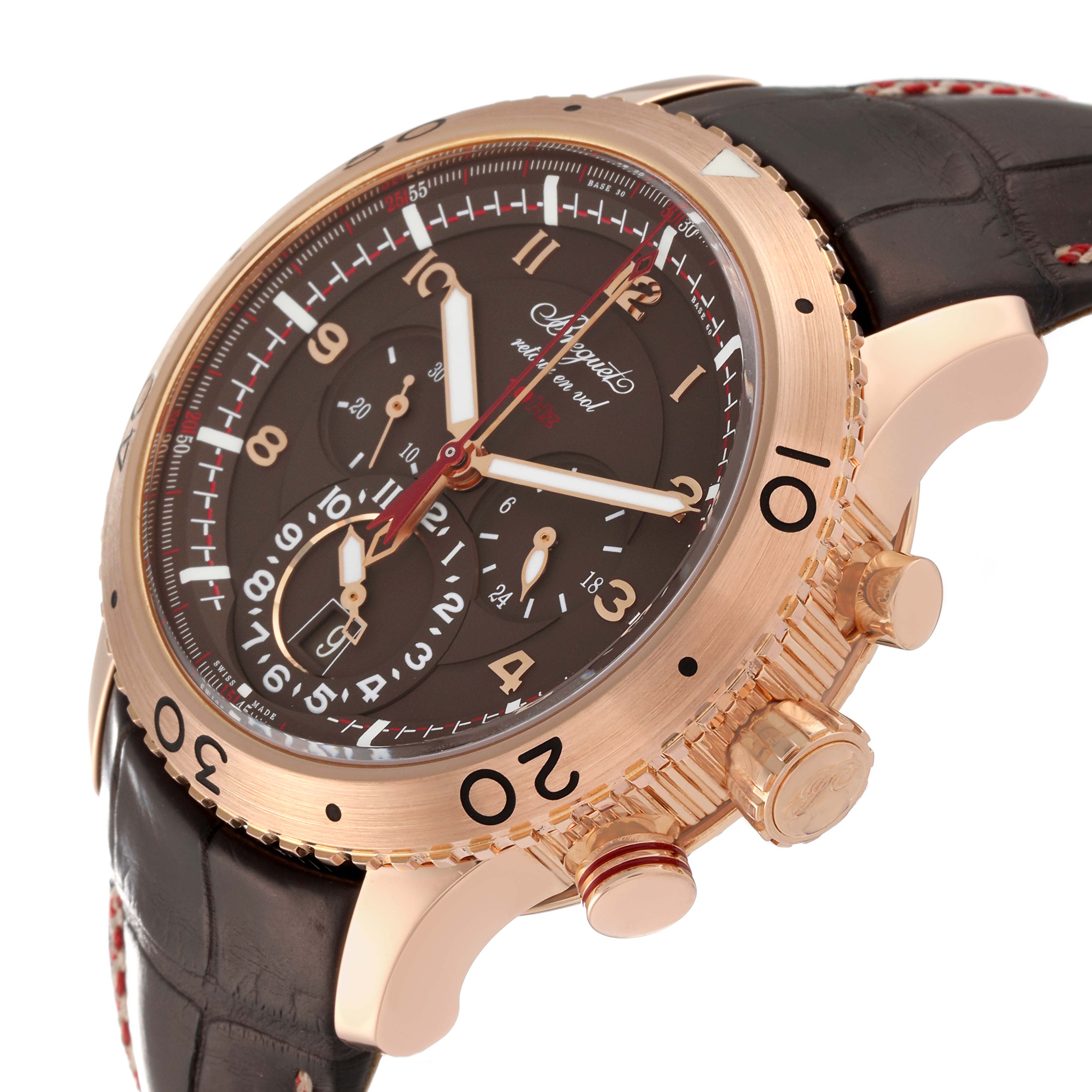 This image shows a close-up, side-angle view of the dial and bezel of a Breguet Type XX - XXI - XXII 3880BR/Z2/9XV Men's Rose Gold Brown Dial 3880BR/Z2/9XV Men's Rose Gold Brown Dial watch.